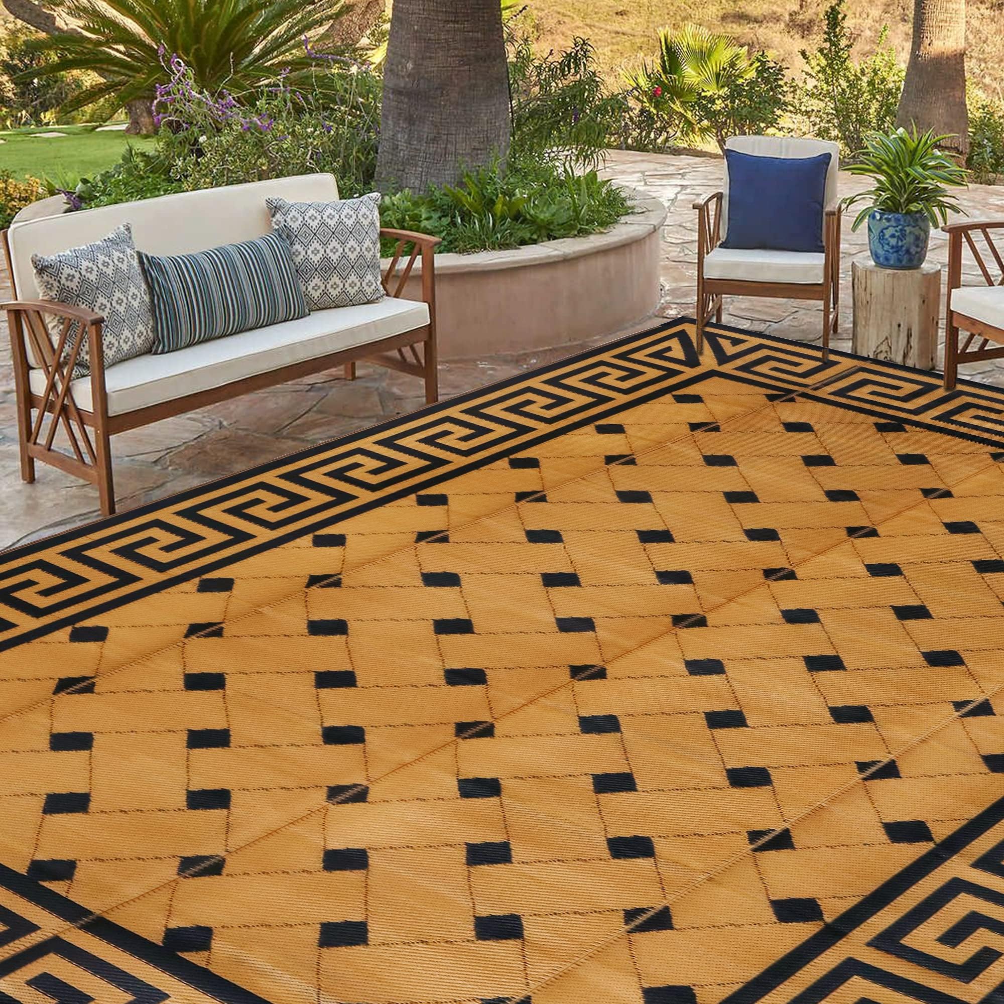 SAND MINE Reversible Mats, Plastic Straw Rug, Modern Area Rug, Large Floor Mat and Rug for Outdoors, RV, Patio, Backyard, Deck, Picnic, Beach, Trailer, Camping (9' x 12', Brown & Black)
