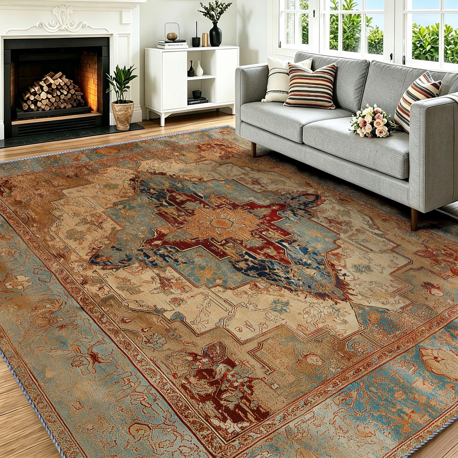 Tapis traditionnel européen boho marron antidérapant 80 x 150 cm pour cuisine et bureau