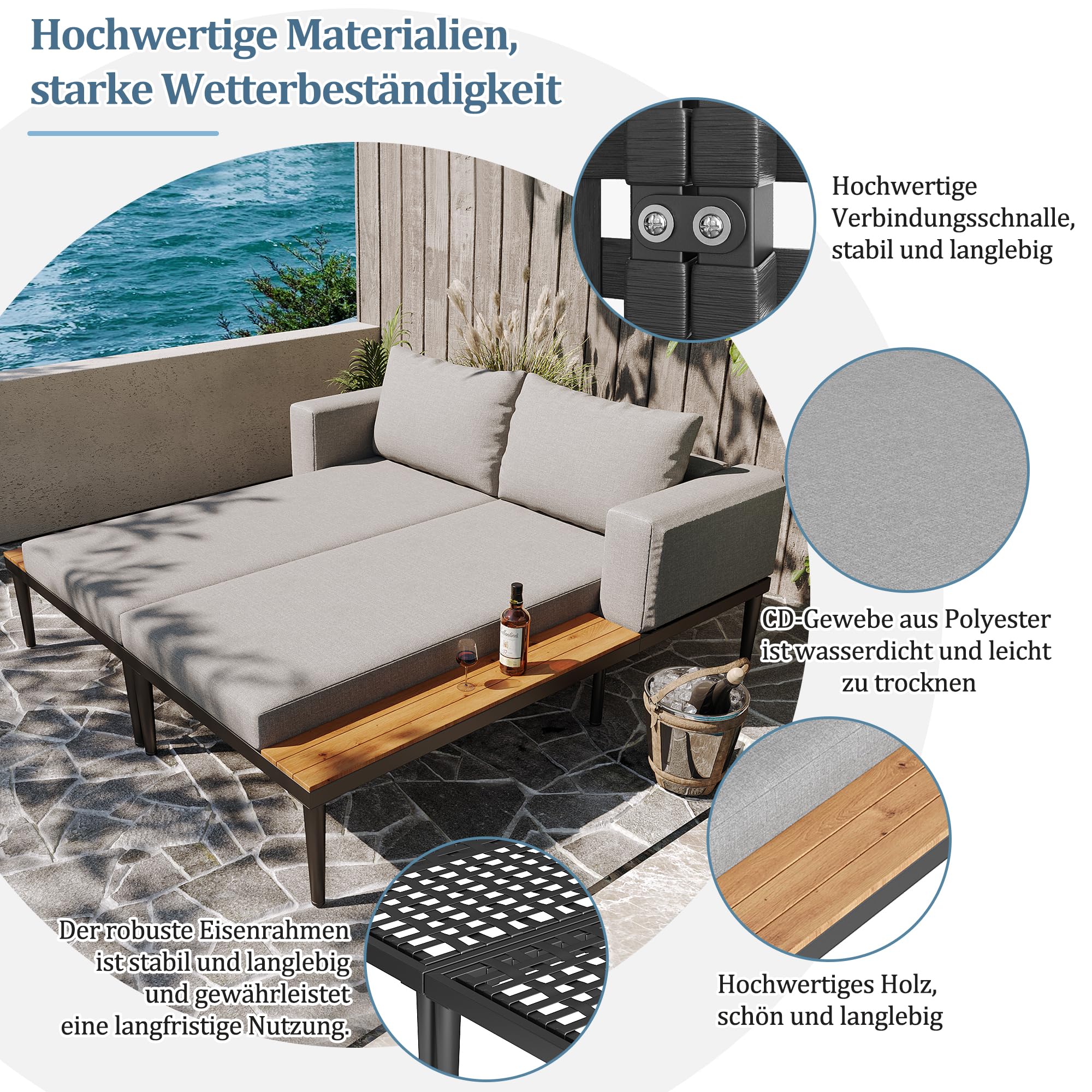 Lit de jour pour patio d'extérieur, lit double, chaise longue d'extérieur, multifonctionnel, imperméable, avec étagères, pour patio, jardin et balcon