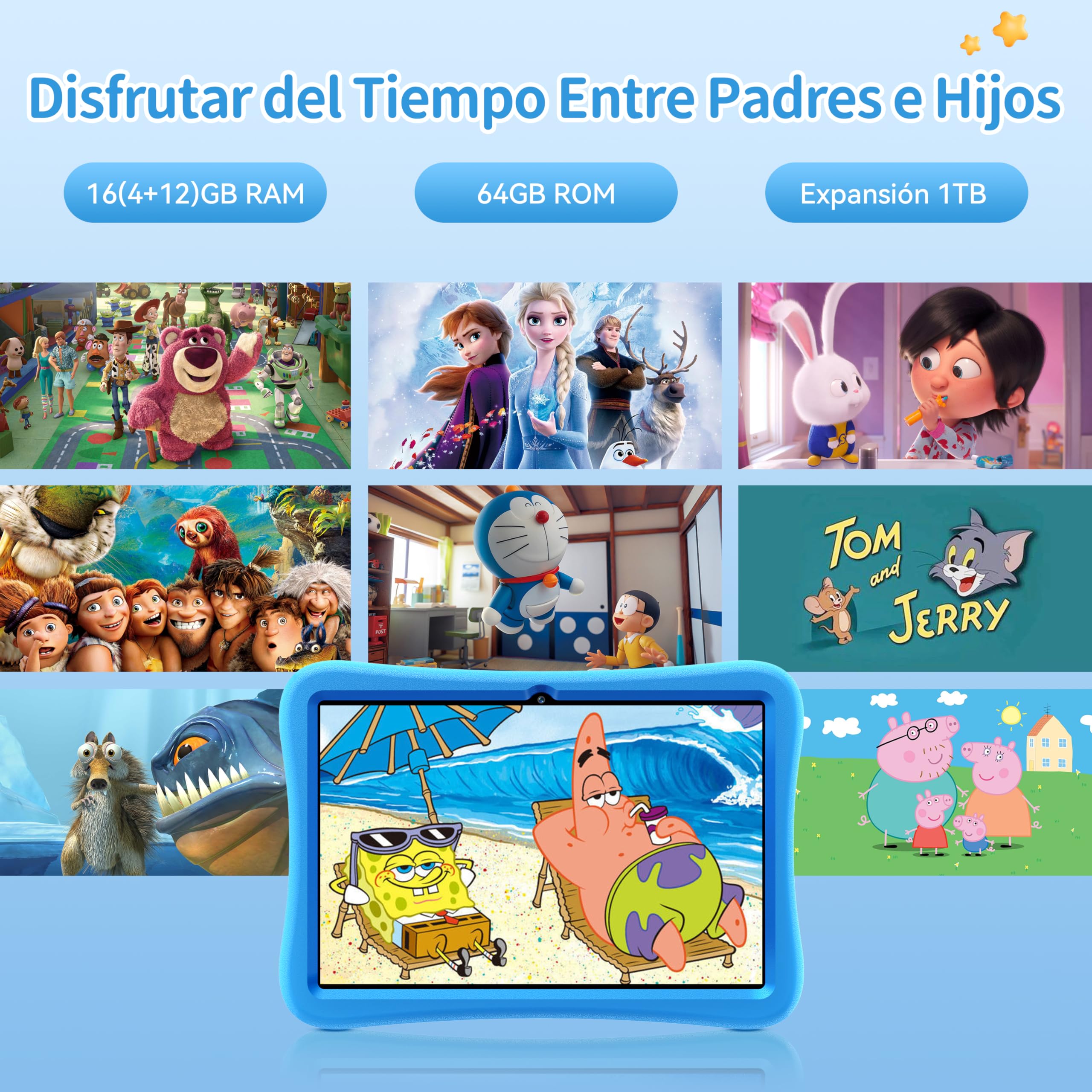 OT6 Tablet Para Niños - Tablet 10 Pulgadas, 16GB+64GB(1TB TF) Tablets Niños Android 13 con Lapiz, 8000mAh, WiFi 6, Google GMS, Control Parental, Widevine L1,Tablet Infantil con Funda EVA -Gris