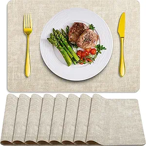 Placemats Set of 8 Washable, Heat Resistant Table Placemats Wipeable Faux Leather Place Mats Non Slip, Waterproof Square Table Mats for Indoor Outdoor, Beige