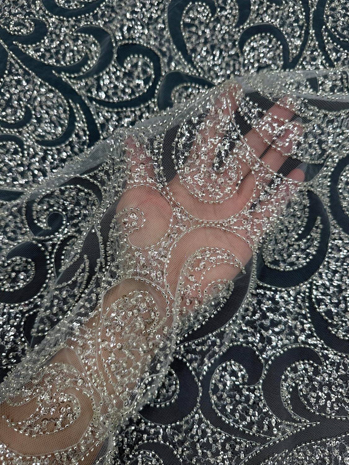 Sequin Beaded Scroll Lace on Mesh – 2-Way Stretch, Fully Embellished Mesh Fabric – Sheer Lace Fabric by The Yard for Clothing, Dresses, Decor – 54 Inches Wide - Premium Quality (Silver)