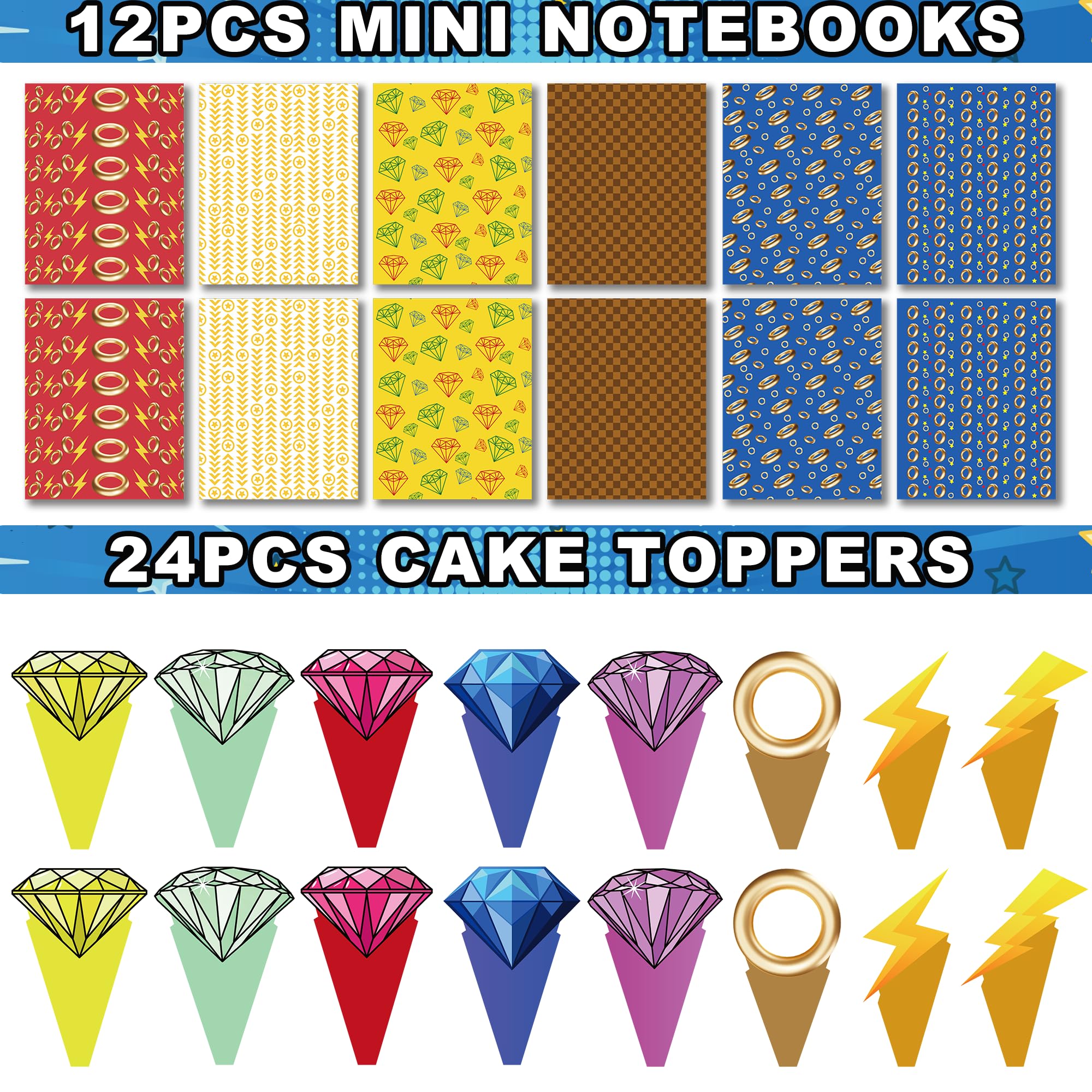 320 piezas de recuerdos de fiesta temática de erizo, suministros de decoración de fiesta de cumpleaños, anillos azules y dorados, bolsas de regalo, relleno de piñata