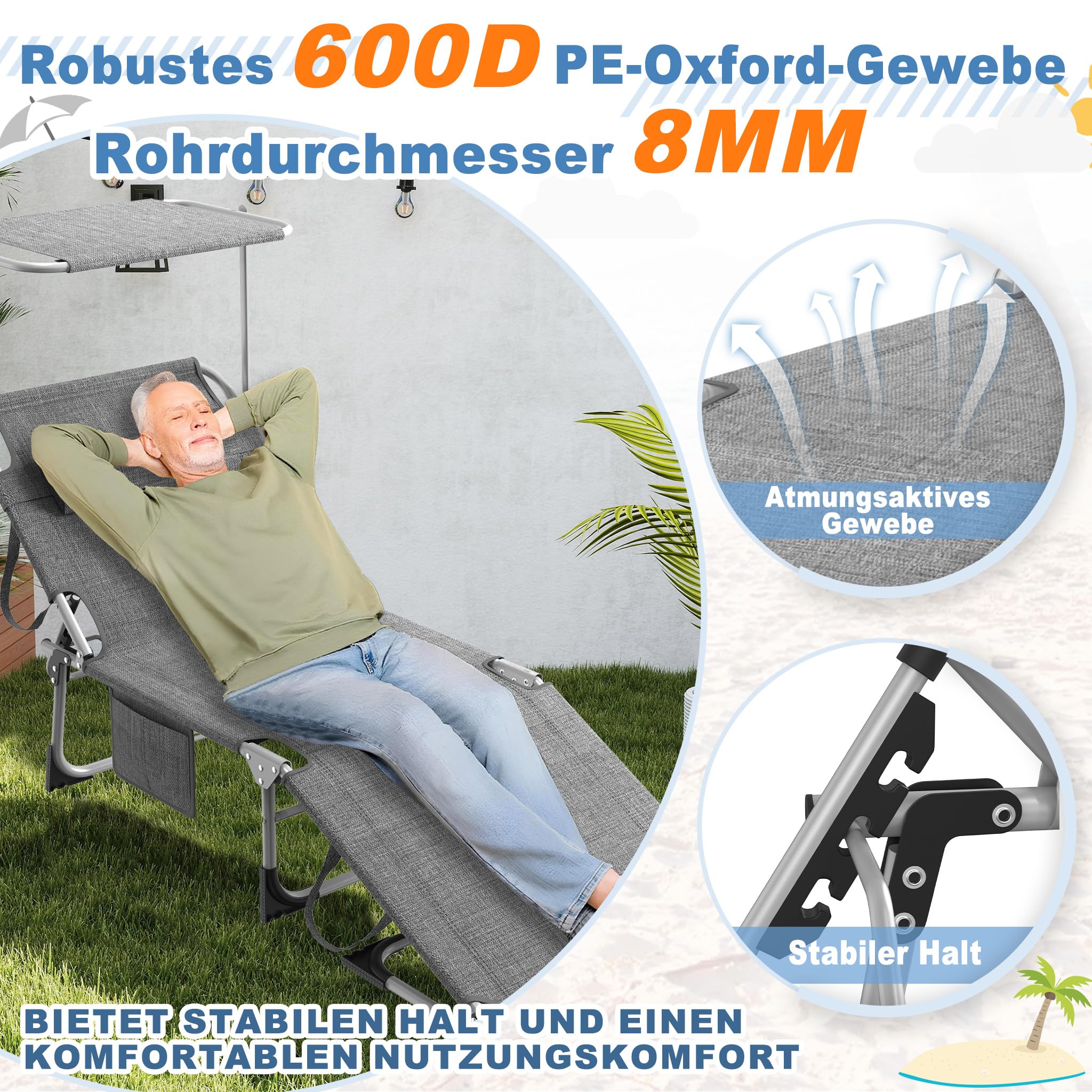 FIVMEN Sonnenliege mit Dach Strandliege Gartenliege Klappbar mit Kopfkissen & Seitentasche & Verstellbare Rückenlehne Sonnenschutz Liegestuhl Gartenstuhl Relaxliege für Strand Garten, Grau