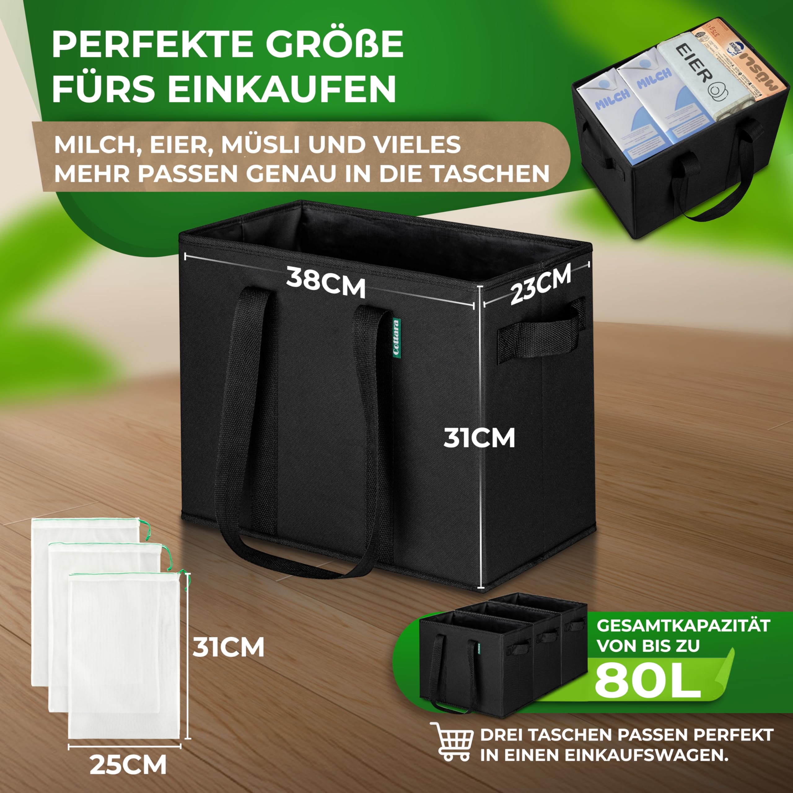 COTTARA® faltbare Einkaufstasche groß 3er Pack & Obstnetz – stabiler großer Einkaufskorb faltbar mit verstärktem Boden – Ideale Einkaufstasche für Einkaufswagen & Kofferraum – 80 L Schwarz