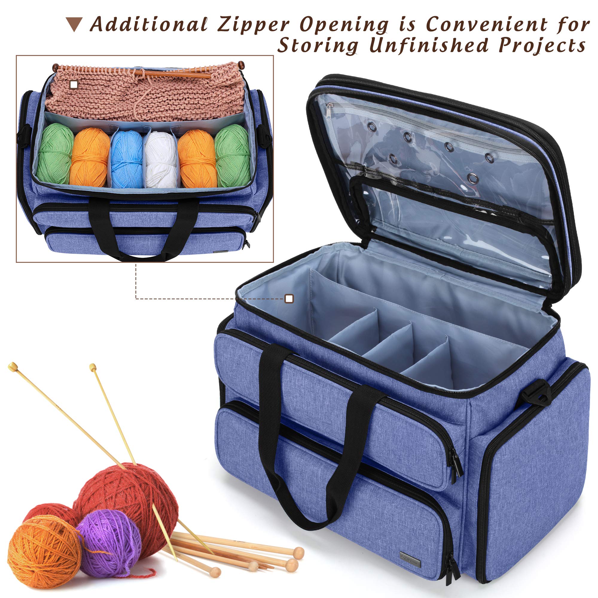 Yarwo Borsa pour Lavoro a Maglia e Uncinetto, Borsa per Lana Gomitolo, Filati, Ferri da Maglia, con Doppia Copertura Superiore e Più Tasche per Lavoro a Maglia e Uncinetto Accessori, Blu