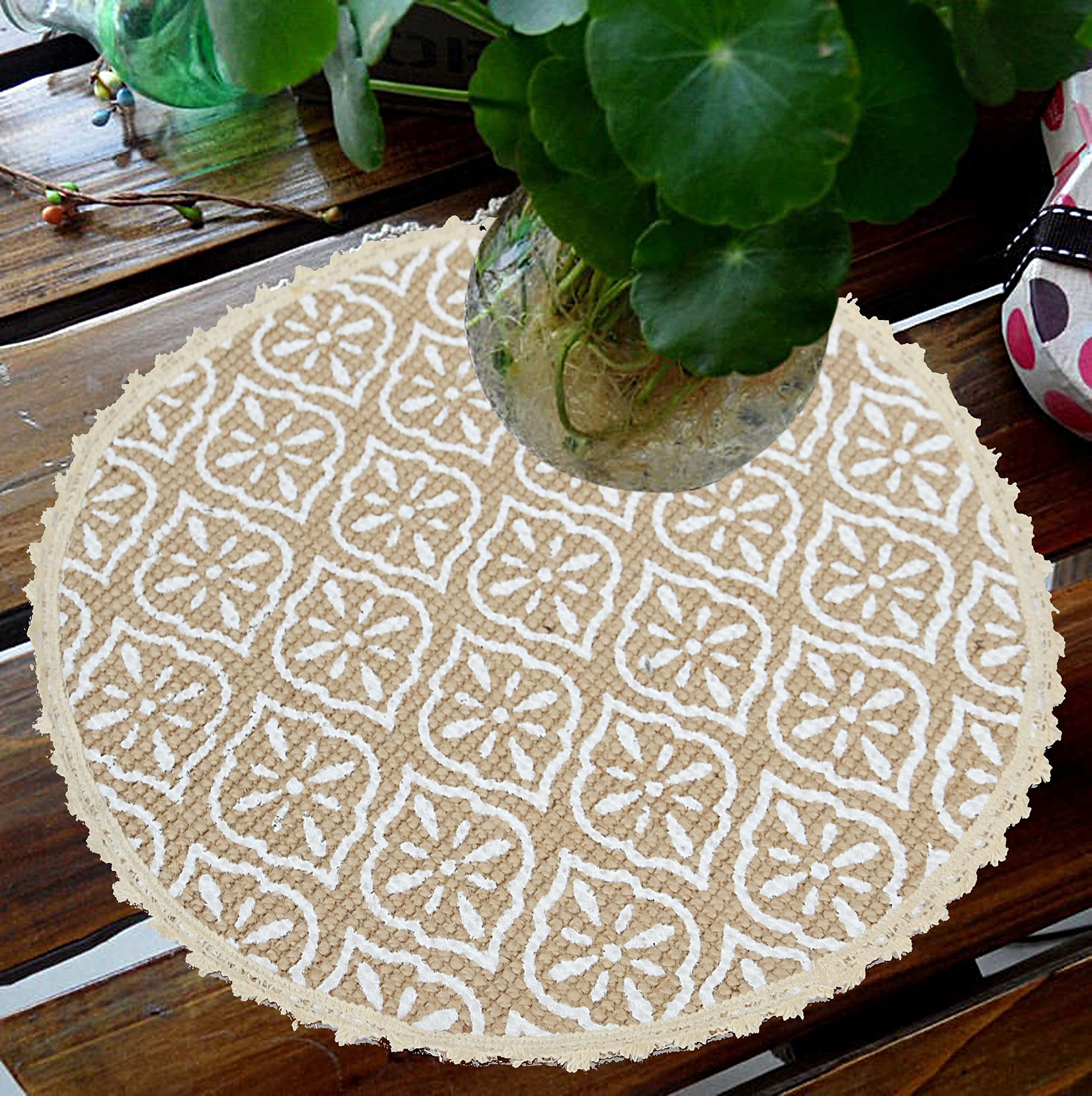 SARAL HOME EASY LIVING Jute and Cotton Crochet Antiskid Printed Round Table Mat|Placemats for Bed-Side Table, Center Table, Dining Table, Shelves|Home Decor, Set of 2 pc (Beige, 38x38 cm) 2