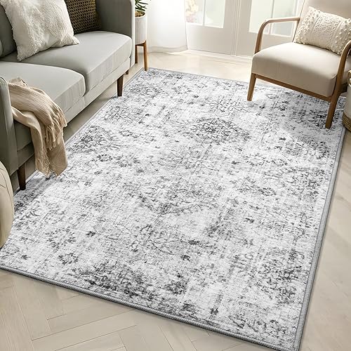 Miniatura 2 de Alfombra gris lavable de 3 x 5 pies para dormitorio, sala de estar, cocina, entrada, baño, estilo bohemio, vintage, azteca, envejecida, lavandería,