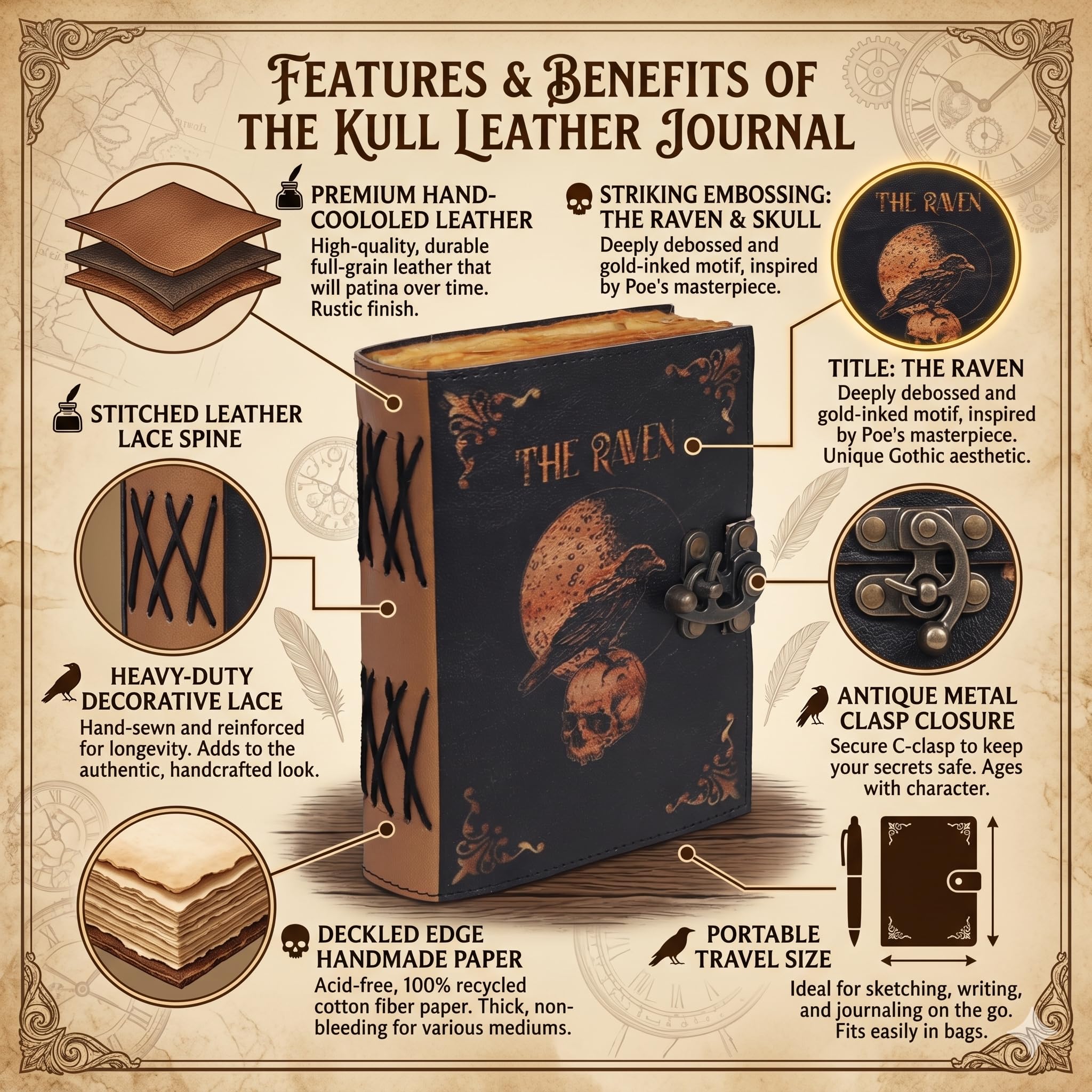 Diario gotico in pelle con teschio di corvo magico, diario a spirale con corvo, diario di grimorio, stregoneria, magia, ideale per gli amanti di Halloween e corvi, diario estetico in pelle per uomini