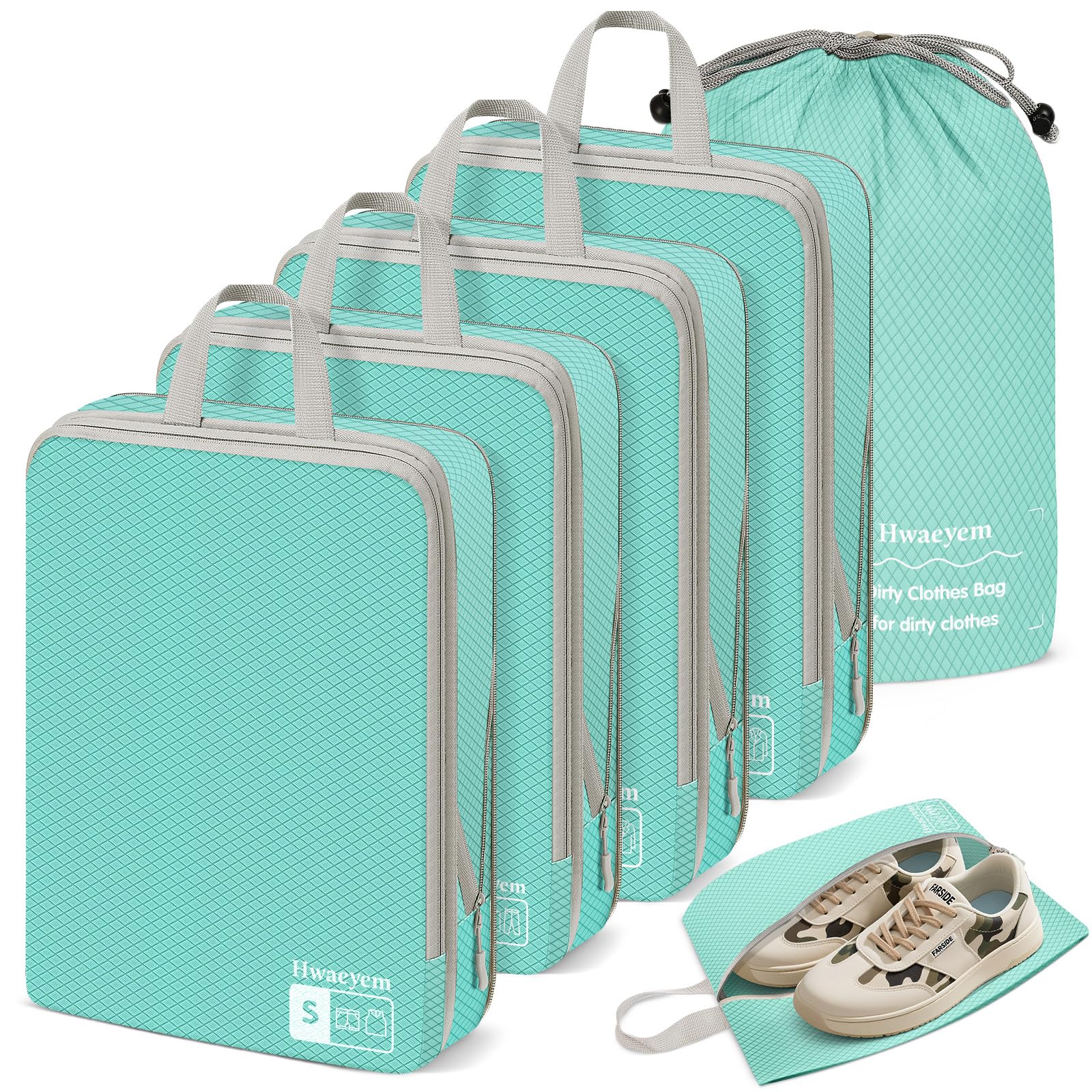 Compression Packing Cubes 6 Set, Dual Zipper Compression Packing Cubes for Travel, Space-Saving Packing Bags for Suitcases, packing cubes with shoe