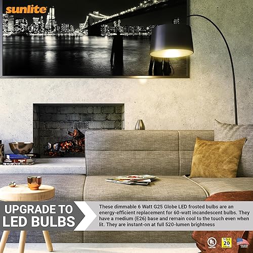 Miniatura 4 de Sunlite Bombilla LED G25, 6 vatios (equivalente a 60 W), base estándar E26, 500 lúmenes, regulable, esmerilado, 90 CRI, compatible con el título 20,