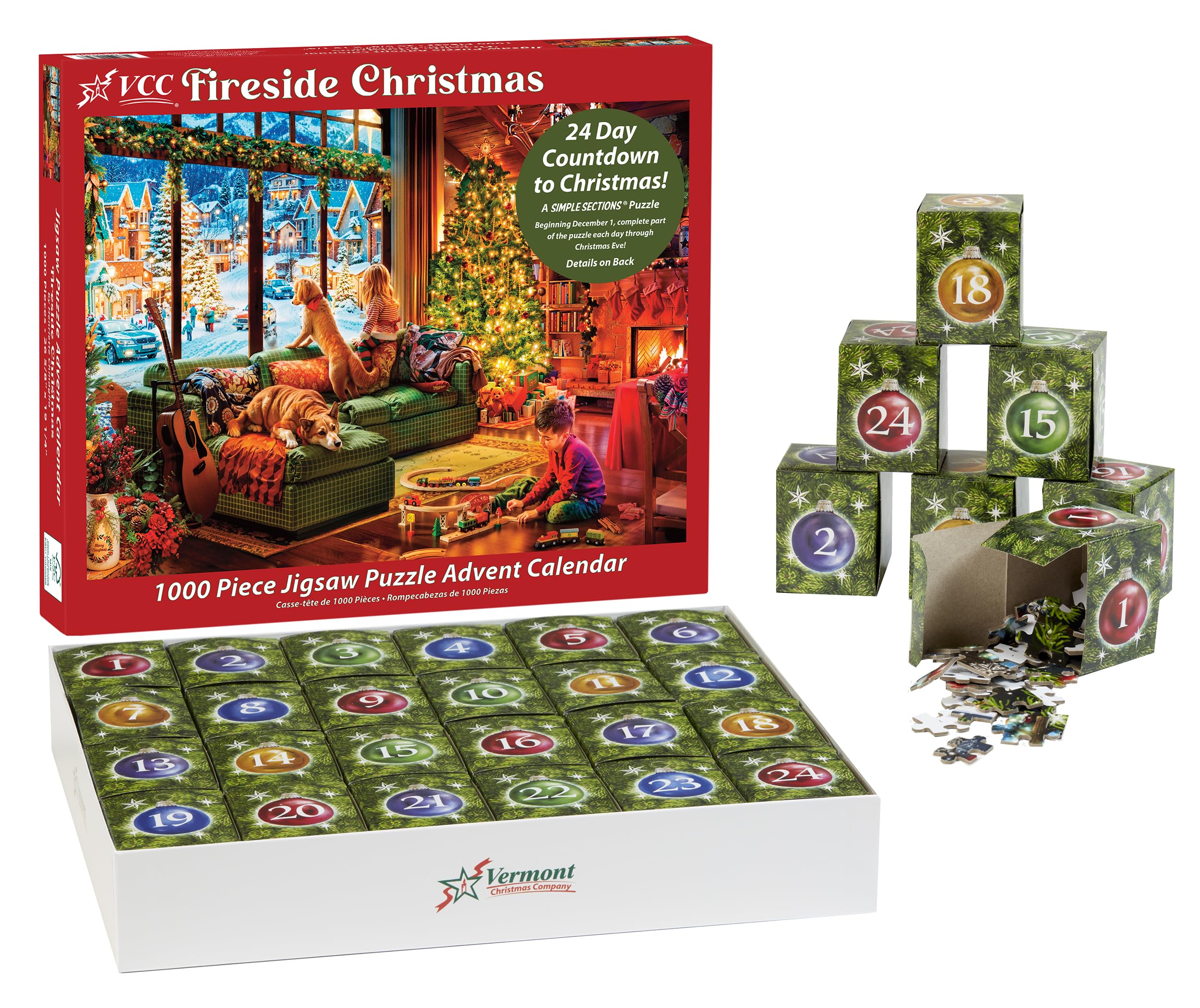 Advent Calendar Jigsaw Puzzle 1000 Pieces - Fireside Christmas Countdown Calendar - 2026 Advent Calendar - 24 Sections to Complete - A Simple Sections® Jigsaw Puzzle - Vermont Christmas Company