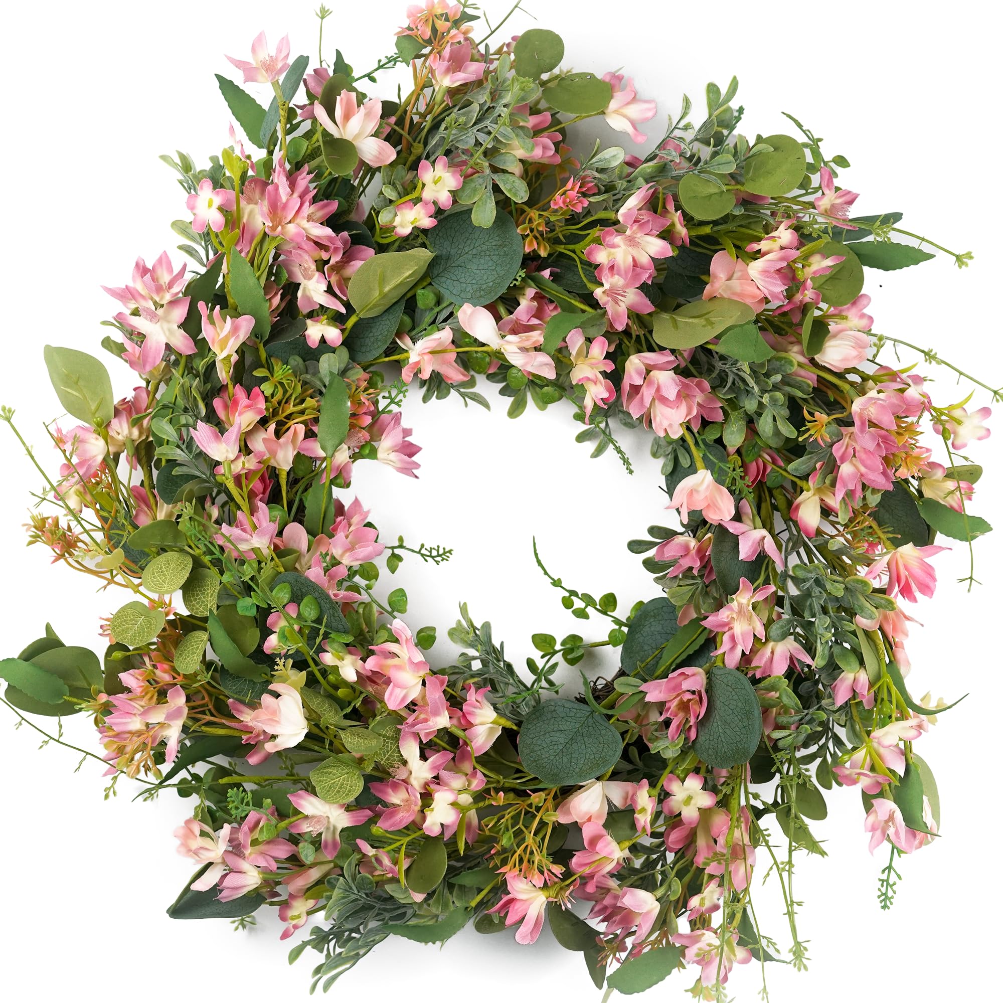 Spring Wreaths for Front Door 22 Inch, Door Wreath for Spring and Summer with Flowers, Spring, Green Pink Floral Eucalyptus Wreath for All Seasons Home Decoration