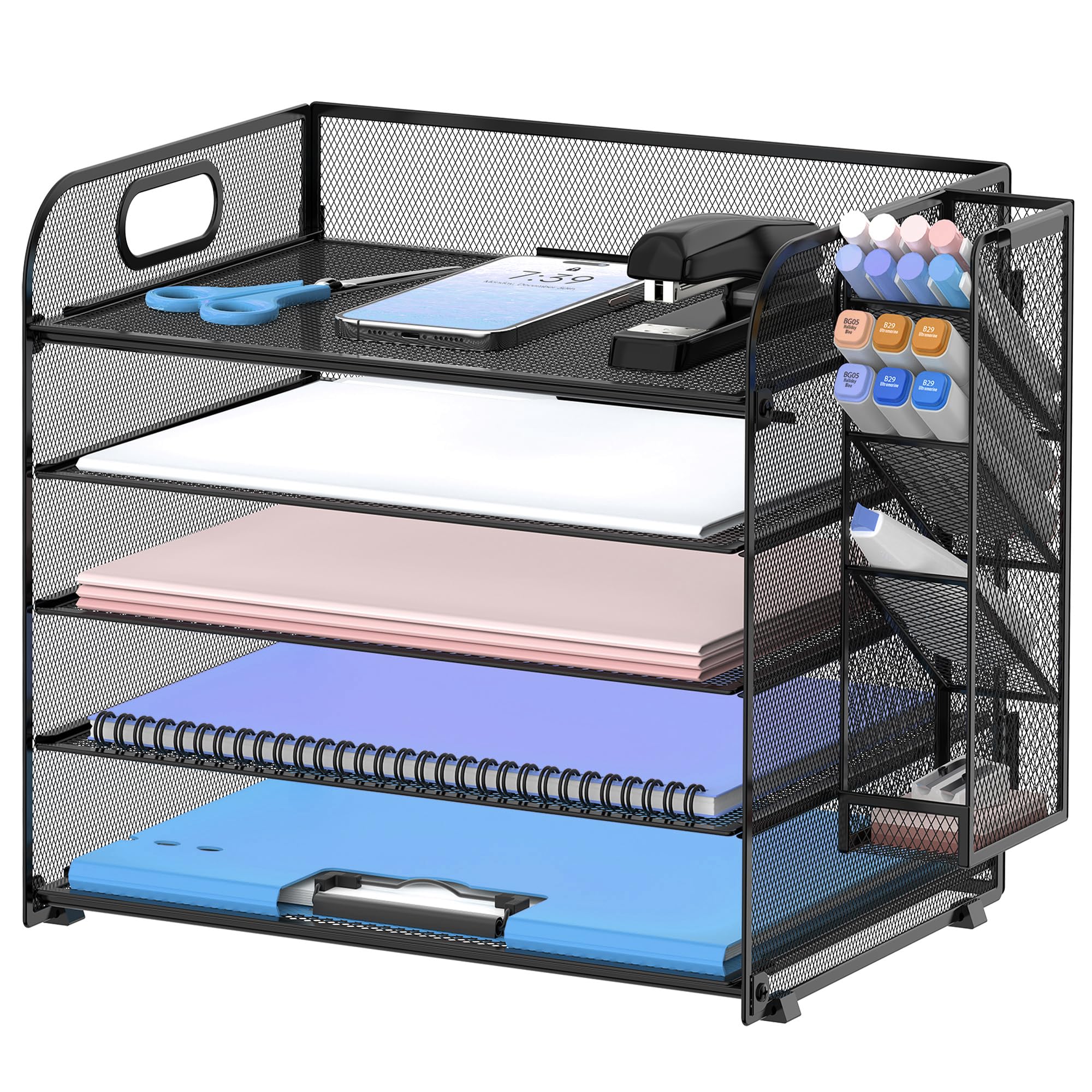 Supeasy Black 5 Tier Desk Organiser With Handle & Removable Pen Holders, Mesh Paper/File Holder For Desk, Paper Letter Tray Organiser For Office Supplies,