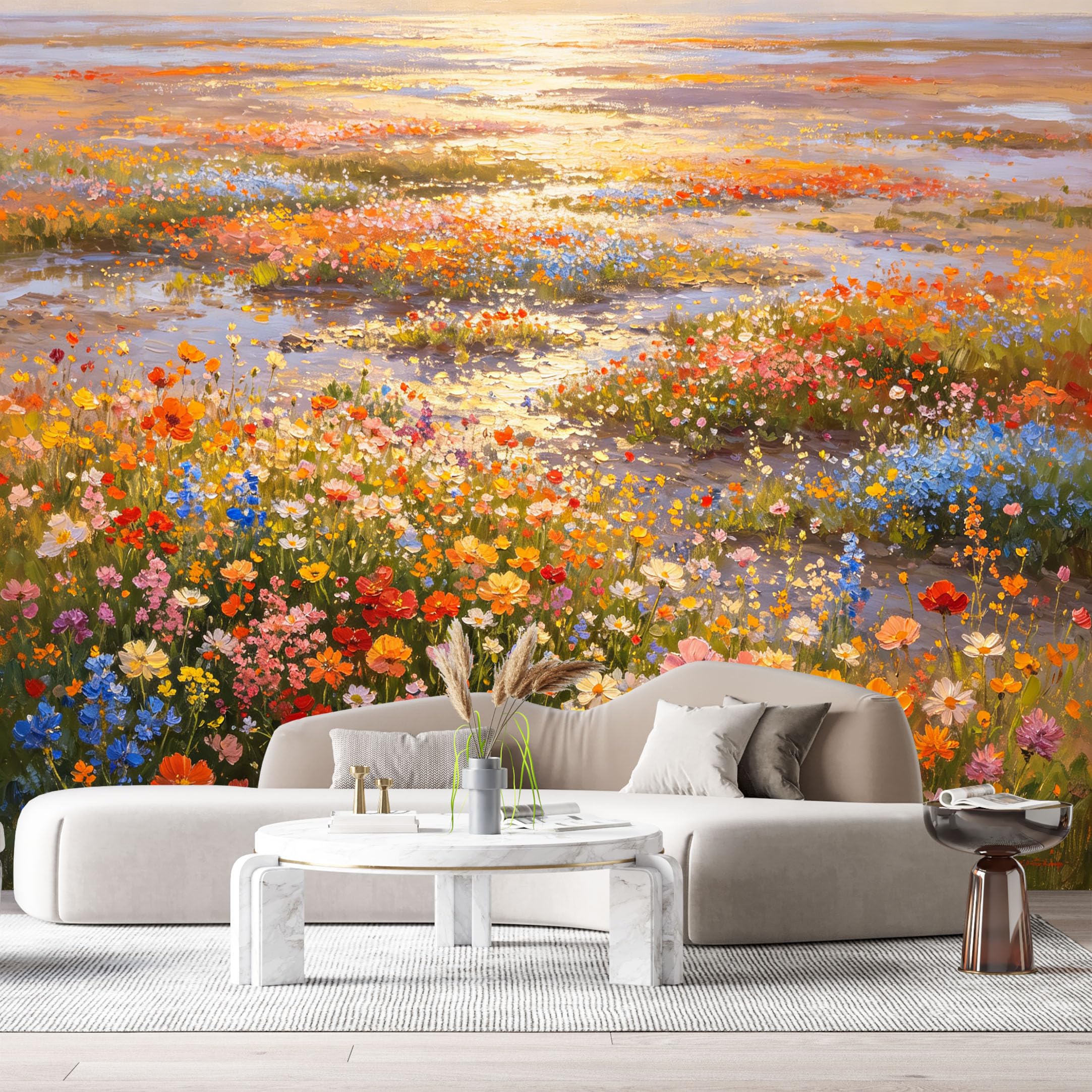 Custom Size Wall Murals Colorful Wildflower Meadow Landscape Oil Painting Sunset Field SelfAdhesive Wall Fabric Removable Large Wallpaper for Photo Living Room