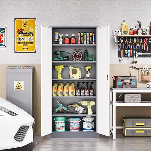 Miniatura 2 de LISSIMO Gabinete de metal, armario de almacenamiento con bloqueo con 2 puertas y 5 estantes ajustables, gabinetes de acero para herramientas de 72