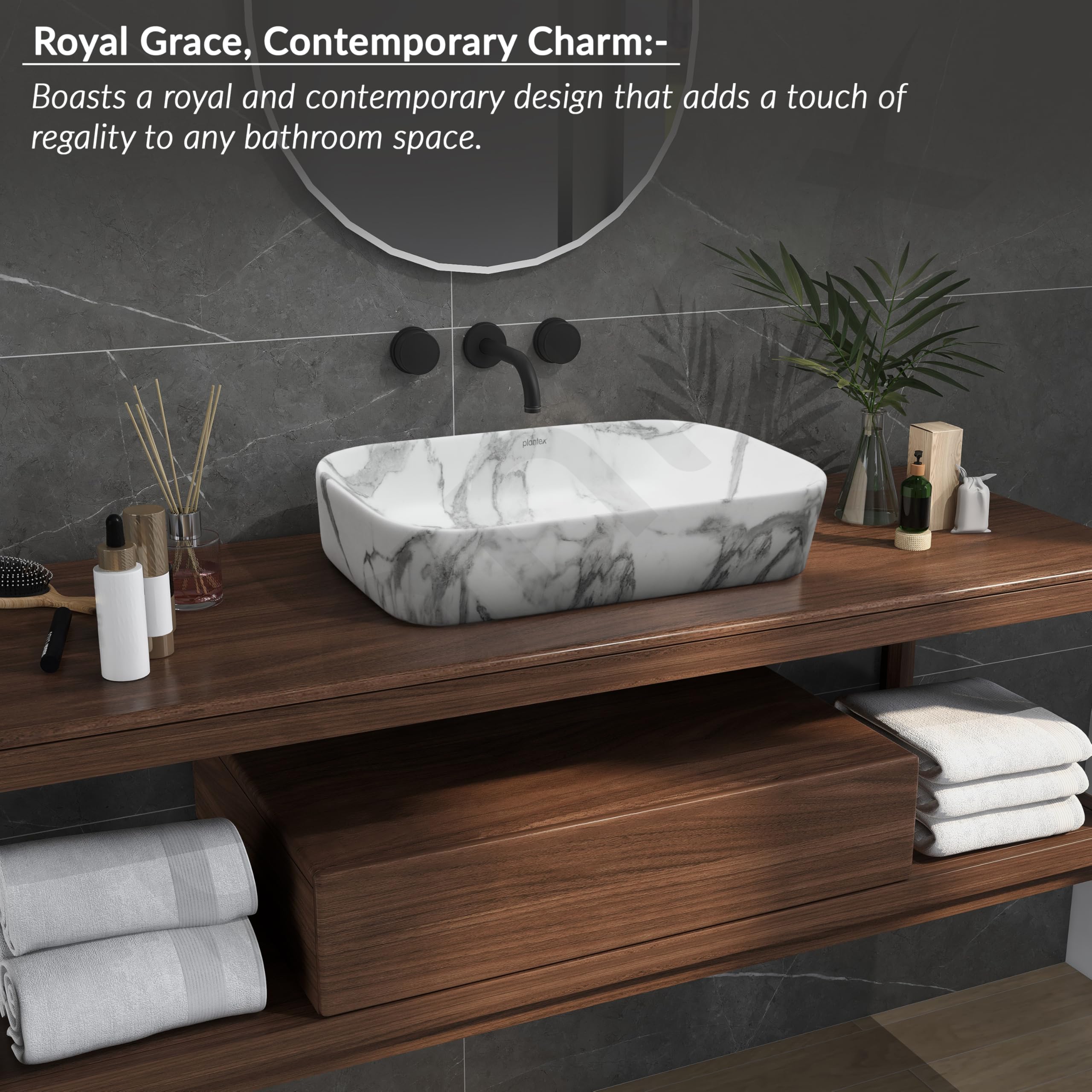 Plantex Ceramic Tabletop Washbasin for Bathroom/Designer Counter Top Hand Wash Basin/Rectangle Bathroom sink for Home/Office (21.5x14x5 Inch -Marble Finish) - Image 2 thumbnail