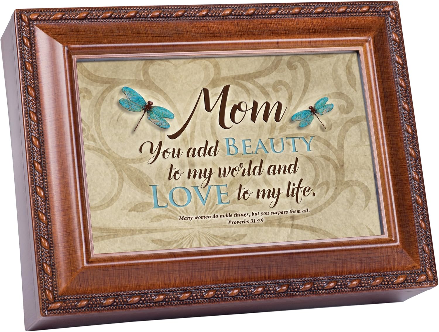 Cottage Garden Mom You Add Beauty to World Dragonfly Woodgrain Keepsake Music Box Plays Amazing Grace