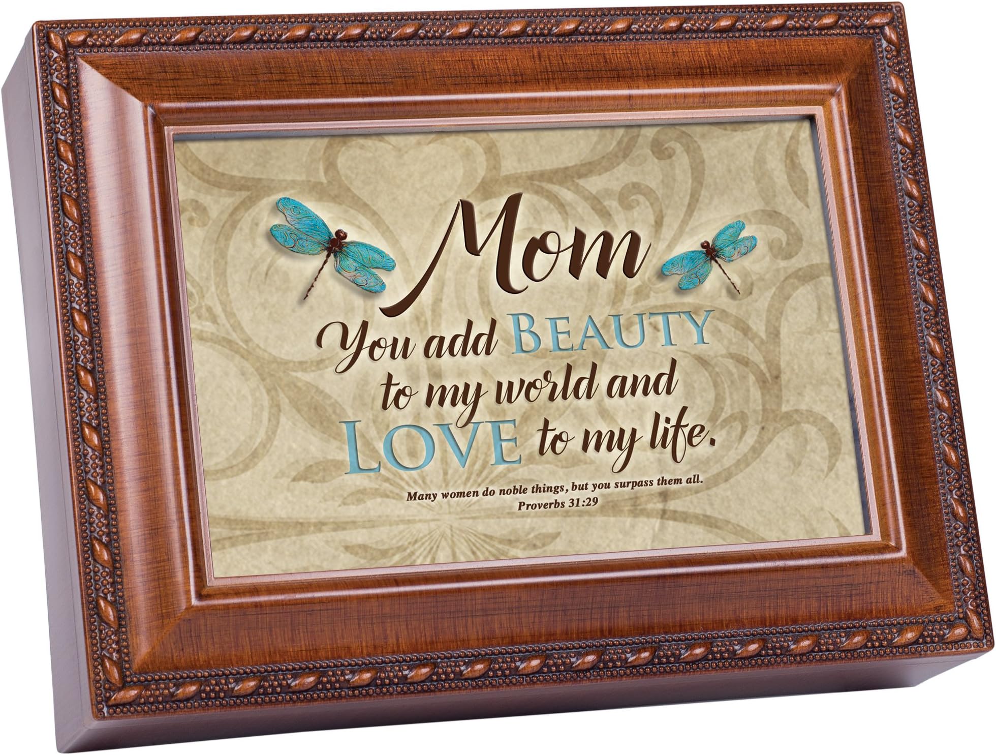 Cottage Garden Mom You Add Beauty to World Dragonfly Woodgrain Keepsake Music Box Plays Amazing Grace