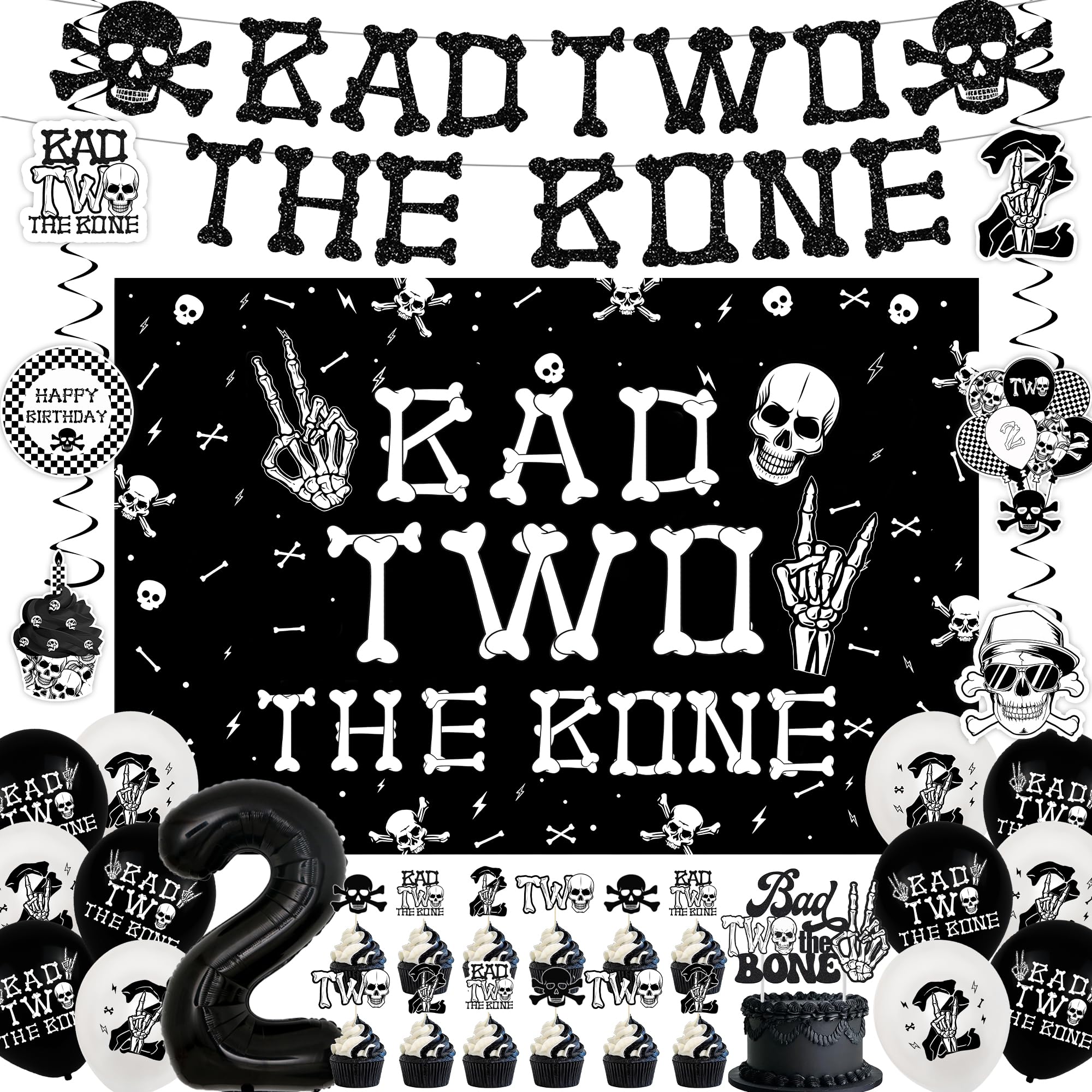 Bad Two The Bone Decorations - 33 Pcs Balloons Decoration Supplies Balloon Banner Hanging Swirls Backdrop Cloth Cake Toppers For Boys Girls Music