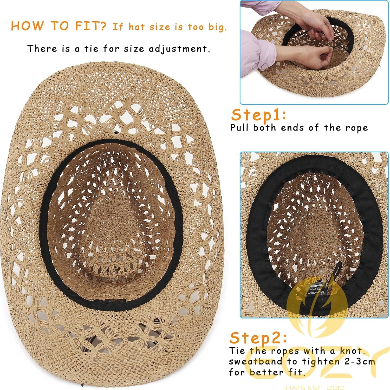Straw Cowboy Cowgirl Hat for Women Men Hollow Out Wide Brim Summer Beach Sun Hat with Chin Strap