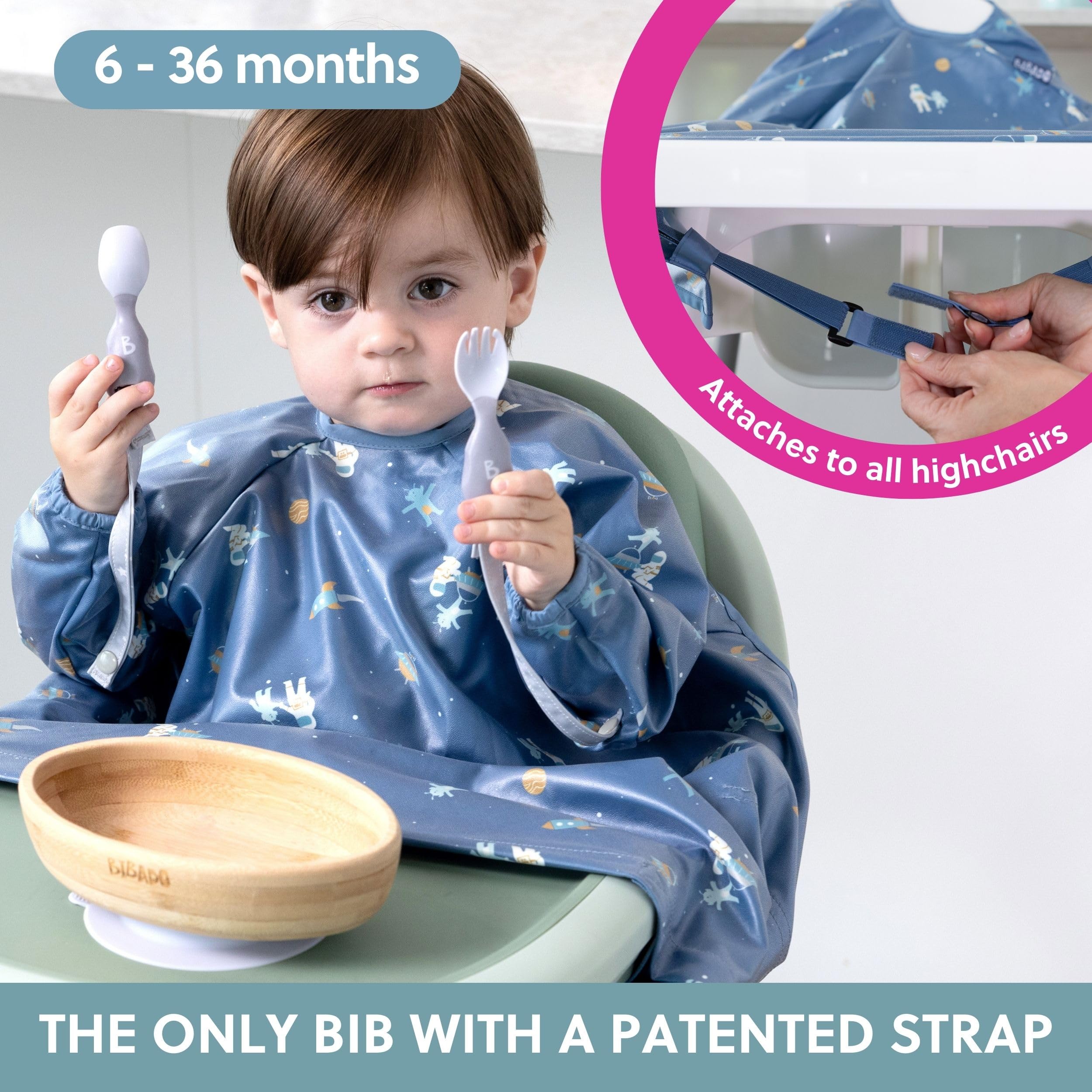BIBaDO Bavoir à manches longues pour bébés et tout-petits de 6 à 36 ans. Bavoir anti-désordre pour bébé qui se fixe aux chaises hautes, poussettes, tables. 100% imperméable, lavable en machine