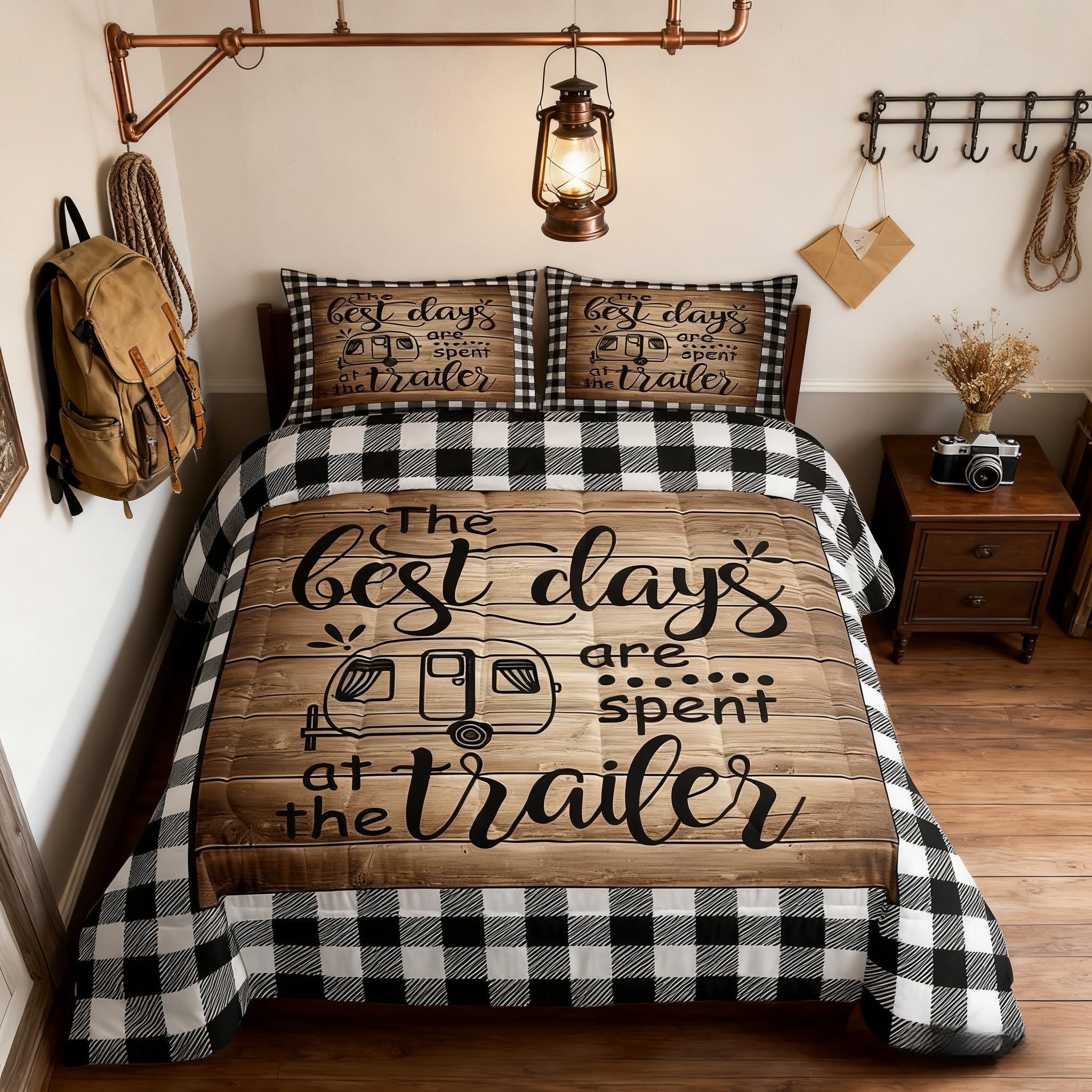 Parure de lit grand lit style chalet et bois rétro pour ado et adulte
