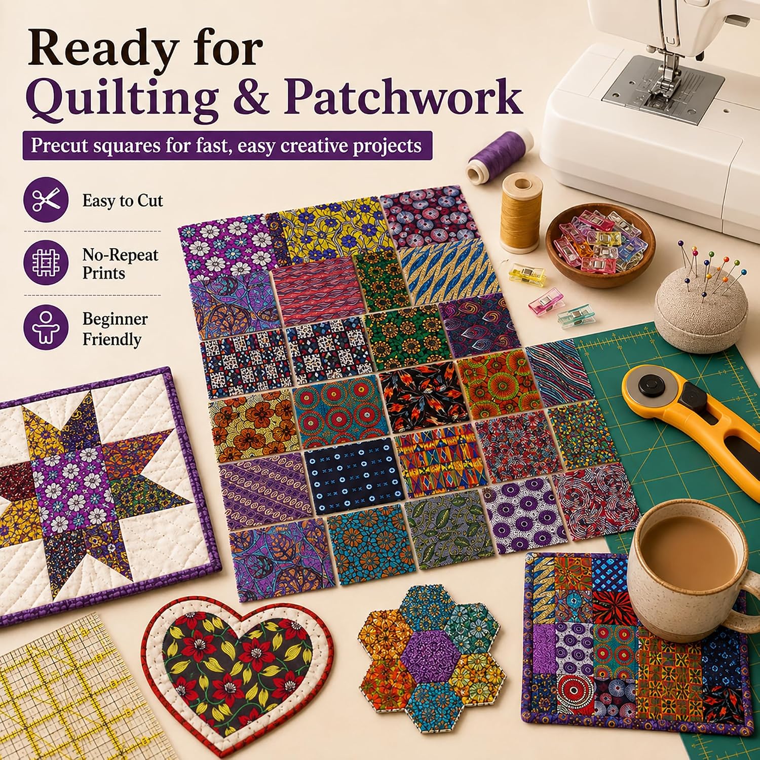 42 Pcs African Print Cotton Fabric Squares, 5 x 5 Inch No Repeat Kente Cloth Ankara Precut Quilt Squares for Patchwork, Quilting, Sewing and DIY Crafts