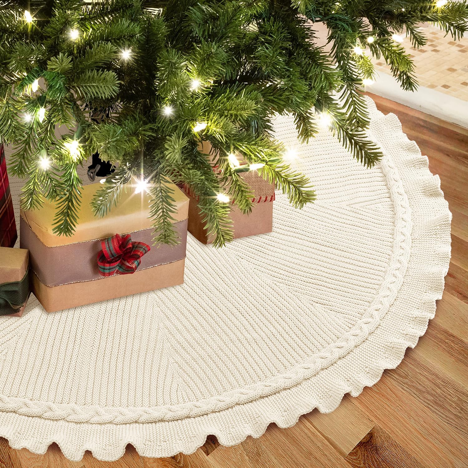 EIMMBD Christmas Tree Skirt, 48 inches Cable Knit Knitted Thick Rustic Christmas Trees Decoration for Xmas Indoor Home Holiday(A-Beige)