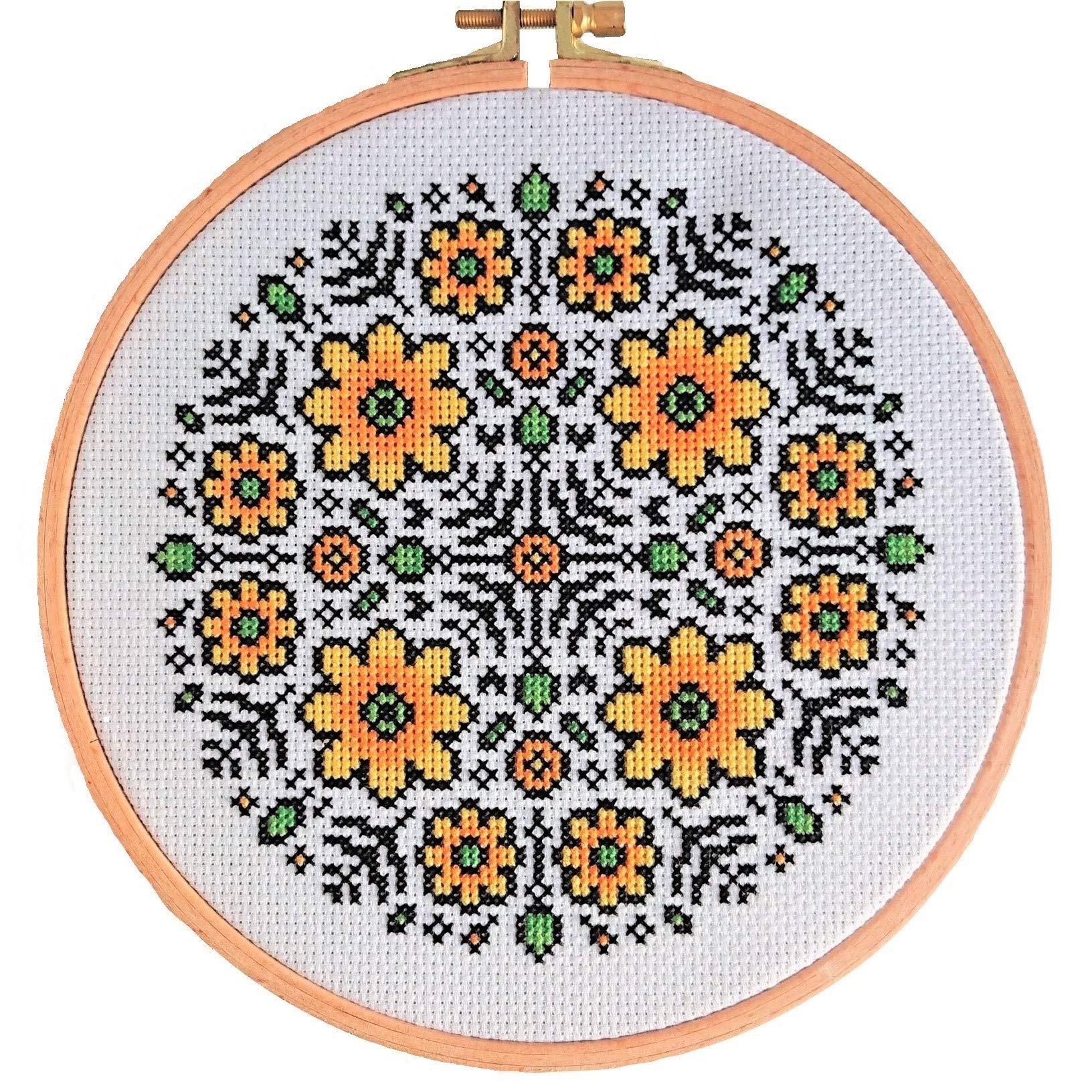 The World In Stitches Flower Mandala Cross Stitch Kit - Original Easy Needlecraft Hobby Idea for Adults with Beechwood Hoop, Zweigart Aida and DMC Thread