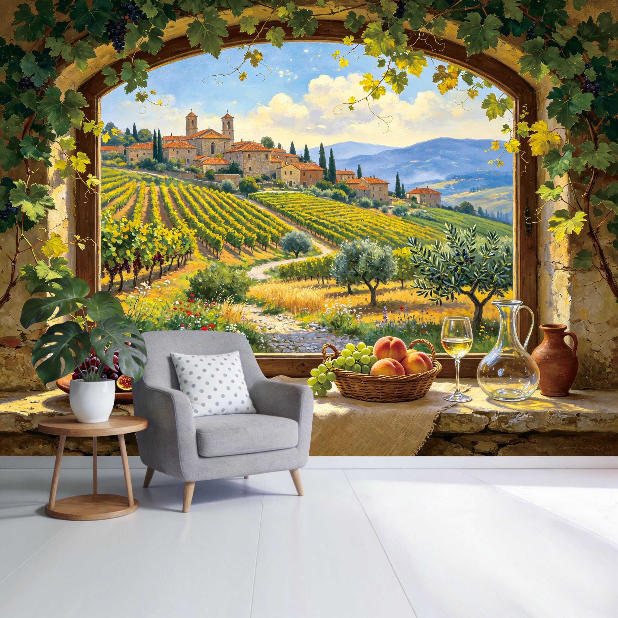 Custom Size Wall Mural Tuscan Vineyard Landscape View Window 3D Trompe L'Oeil Removable Self Adhesive Fabric， Home Wall Decor for Living Room Bedroom Bathroom
