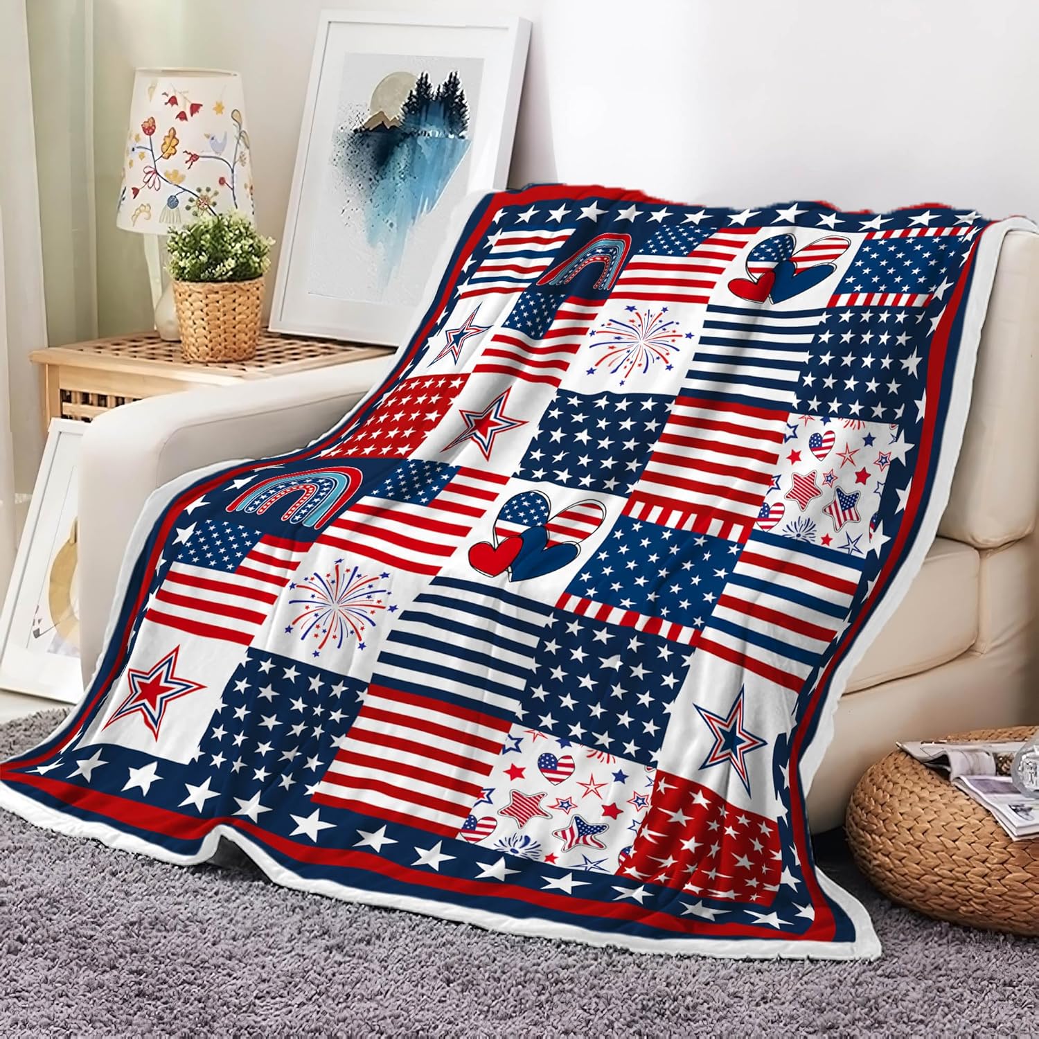DYNH Independence Day 4th of July Throw Blanket, Red Blue Stars American Flag Star Patriotic Fourth of July Plaid Throw Blanket, Blue Red Memorial Day Flannel Blanket for Couch Sofa Bed Home,60x90