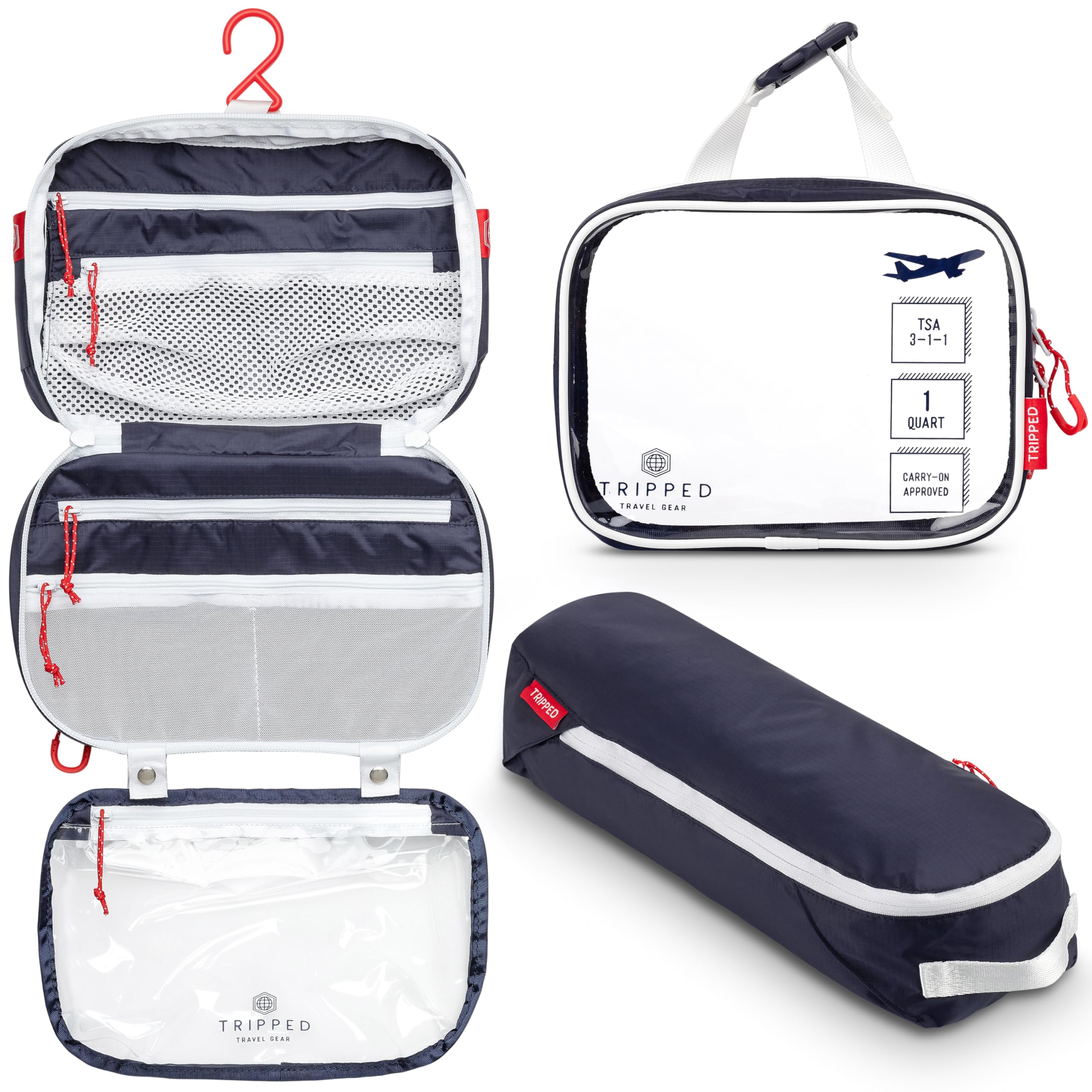 Toiletry Bag Set: Hanging Travel Toiletry Bag + 311 TSA Cosmetic Liquid Bag + Ultralight Accessory Organizer Bag, Navy, 3 Piece Toiletries Set