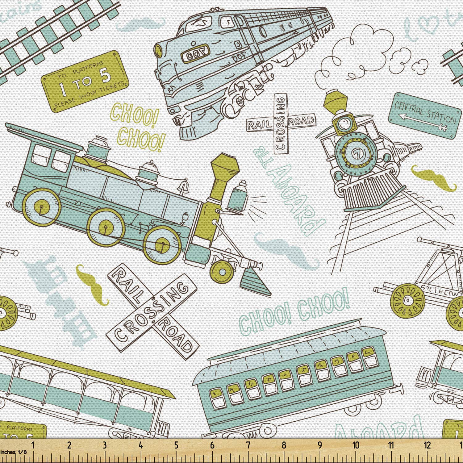 Ambesonne Steam Engine Fabric by The Yard, Choo Choo Train Pattern and Number Signs Vintage Travel Theme Print, Decorative Fabric for Upholstery and Home Accents, 3 Yards, Apple Green Turquoise