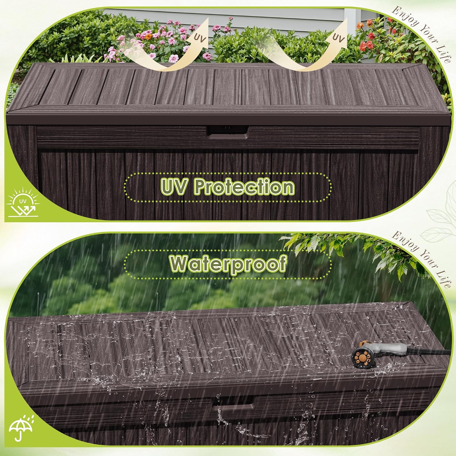 Devoko 125 Gallon Outdoor Storage Box, Waterproof Resin Deck Box for Patio Furniture, Lockable Container for Garden Cushions & Pool Supplies (Brown, 125 Gallon)