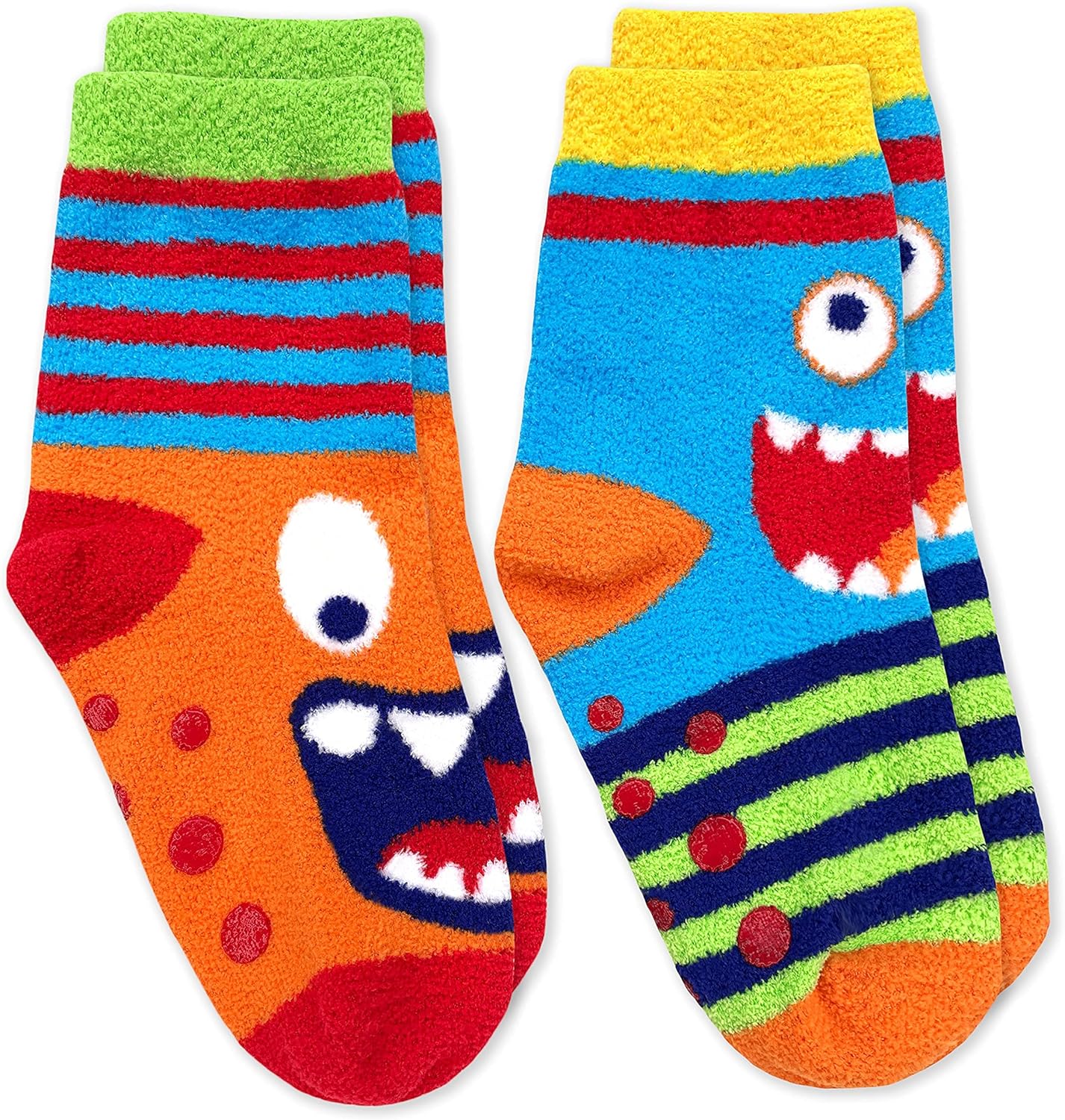 Jefferies Socks Boys Fuzzy Dinosaur Shark Monster Non Skid Slipper Socks 4 Pack - Image 3