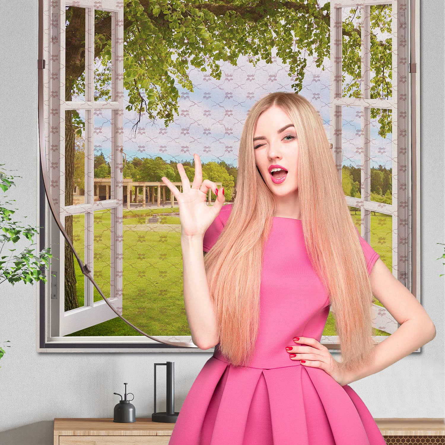 Replacement Window Screens with Frames, Adjustable Patterned Flex Mesh Screen Max 72” x 48” Window Net, Removable Screen, Easy Installation, Brown Frame