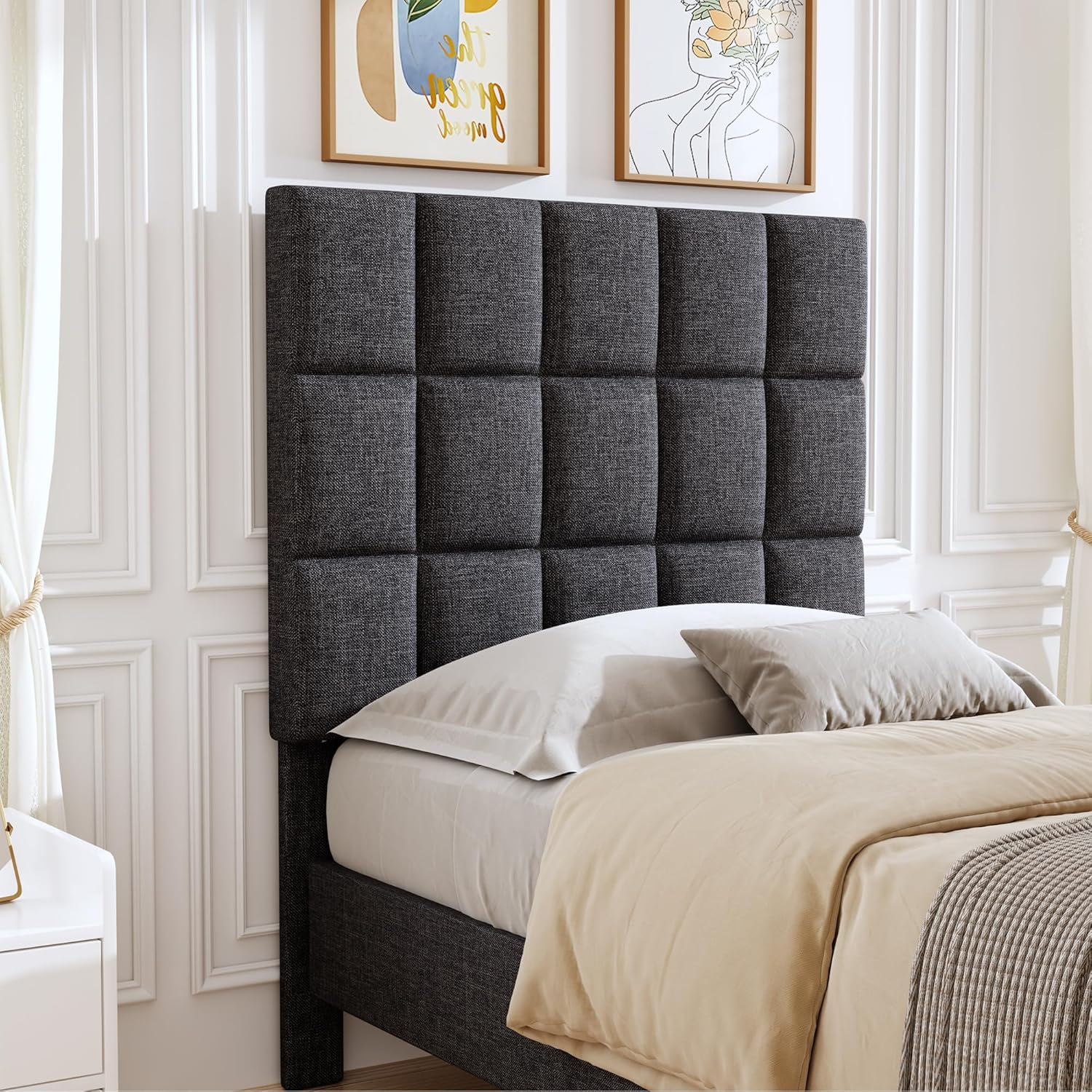 Square Tufted Linen Headboard Only, Upholstered Fabric Headboard Twin Size, Durable and Sturdy Solid Wood Bed Headboard, Adjustable Height 44"-52", Grey