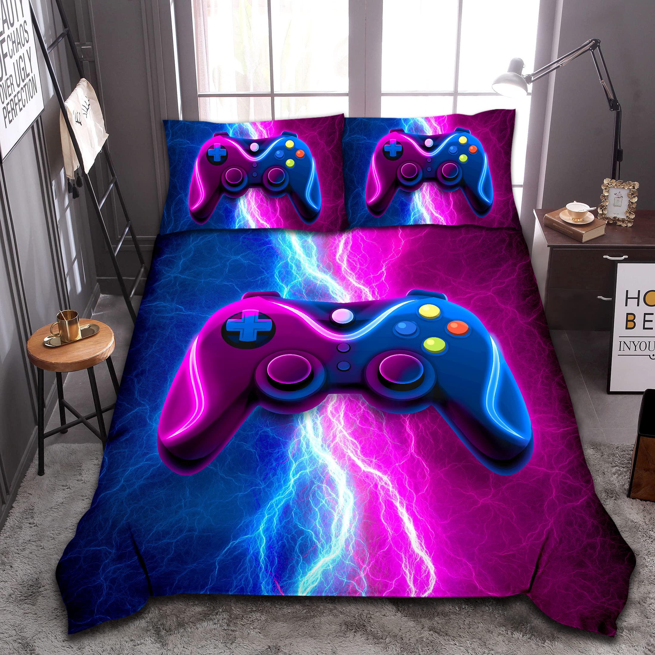 Meeting Story Gamer Gaming Bedding Sets Red Blue Lightnings Gamepad Comforter Set for Boys Games Console Action Buttons Novelty Colorful Modern Room Decor Home Quilt Set (Blue-Purple, Queen)