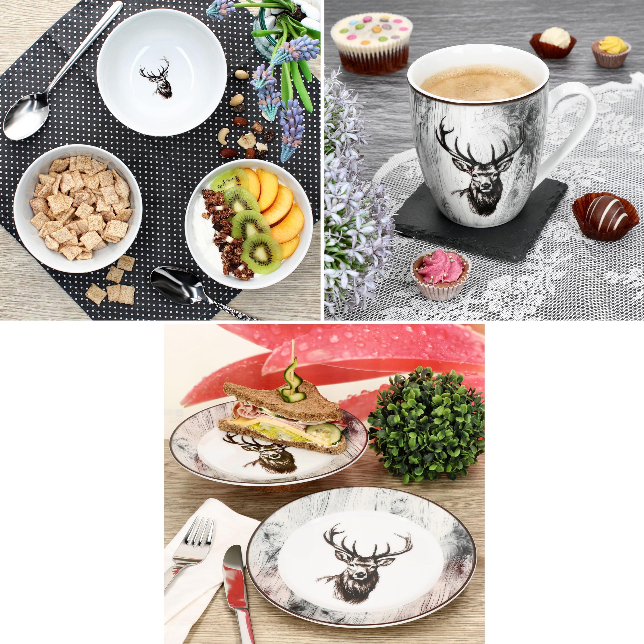 MamboCat Alois 18tlg Frühstücksset I je 6x Frühstücksteller, Müslischalen & Kaffeebecher aus Porzellan I 6 Personen I Holz-Optik & Hirschmotiv in Schwarz-Weiß I für Frühstück & Kaffee