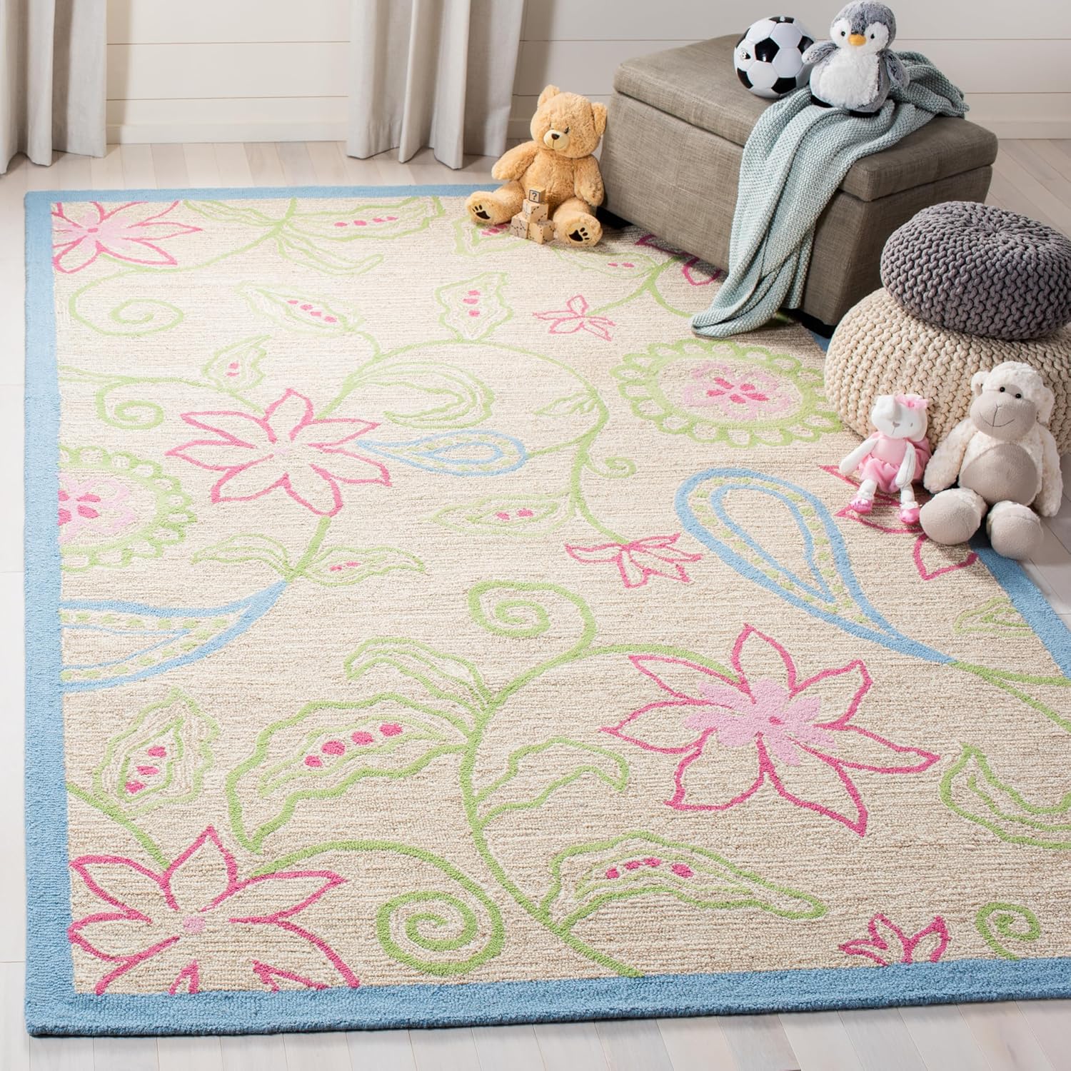 SAFAVIEH Kids Collection Accent Rug - 3' x 5', Ivory & Blue, Handmade Floral Wool, Ideal for High Traffic Areas in Entryway, Living Room, Bedroom (SFK362A)