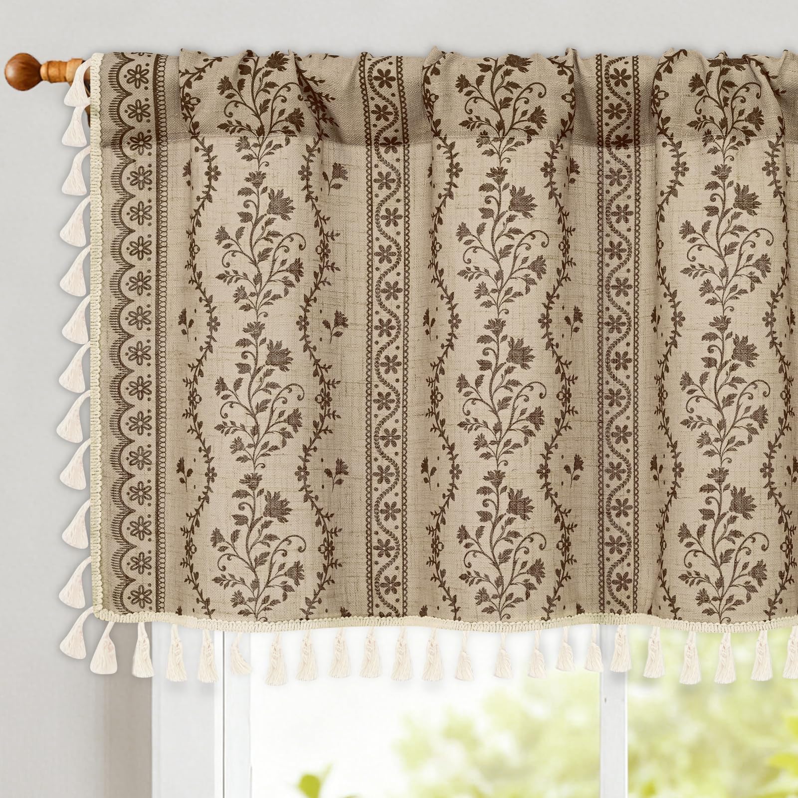 Yinhua Boho Valance Curtains Vintage Linen Kitchen Valances for Windows Light Filtering Bohemian Floral Valance Rod Pocket Tassel Window Valances for Bathroom Cafe, 52" W X 18" L, Beige Brown