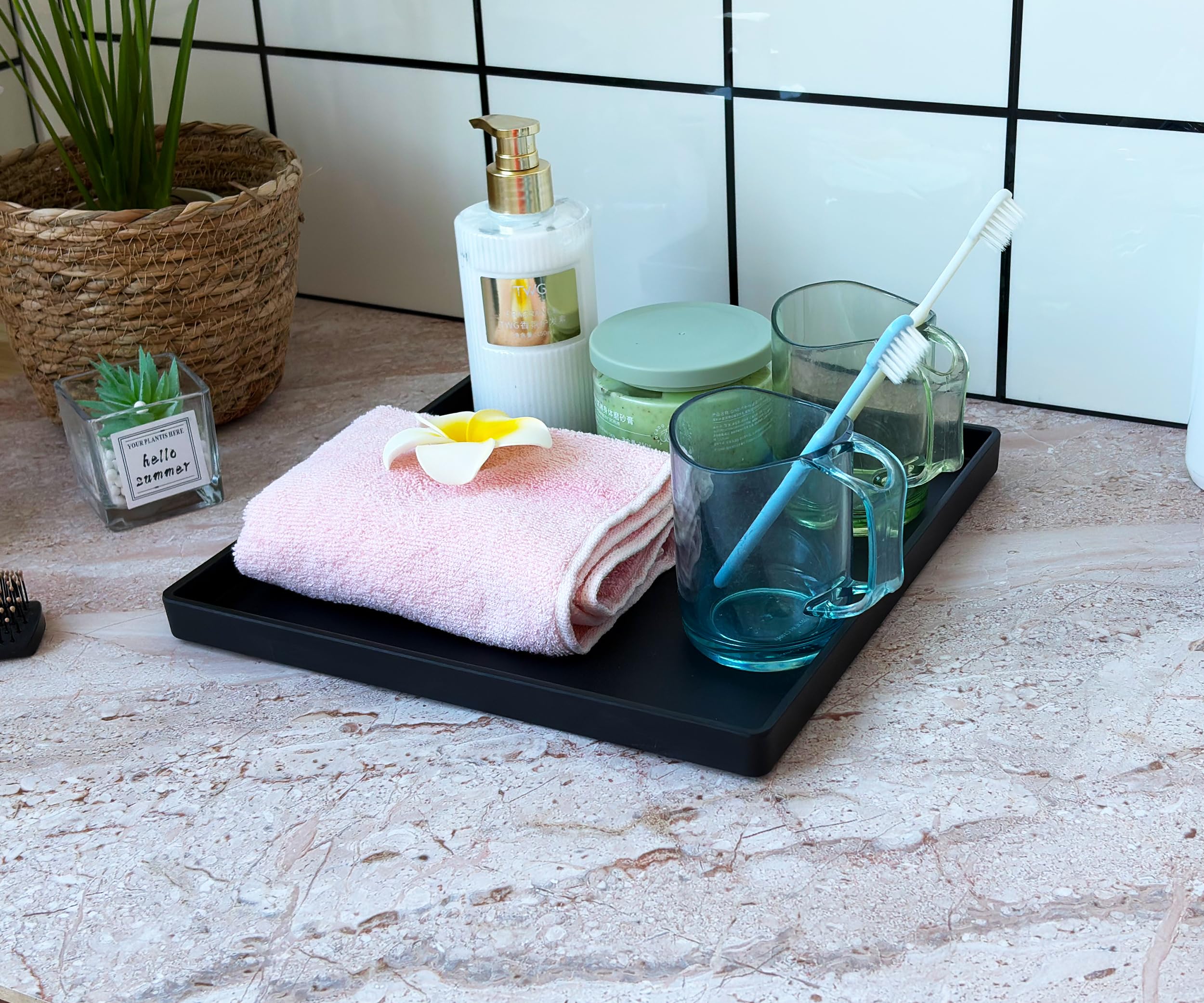 Vassoio quadrato nero, 28 cm, confezione da 3 vassoi decorativi per bagno, tavolino, comò e piano di lavoro della cucina, vassoio nero per decorazioni domestiche, gioielli, trucco e snack