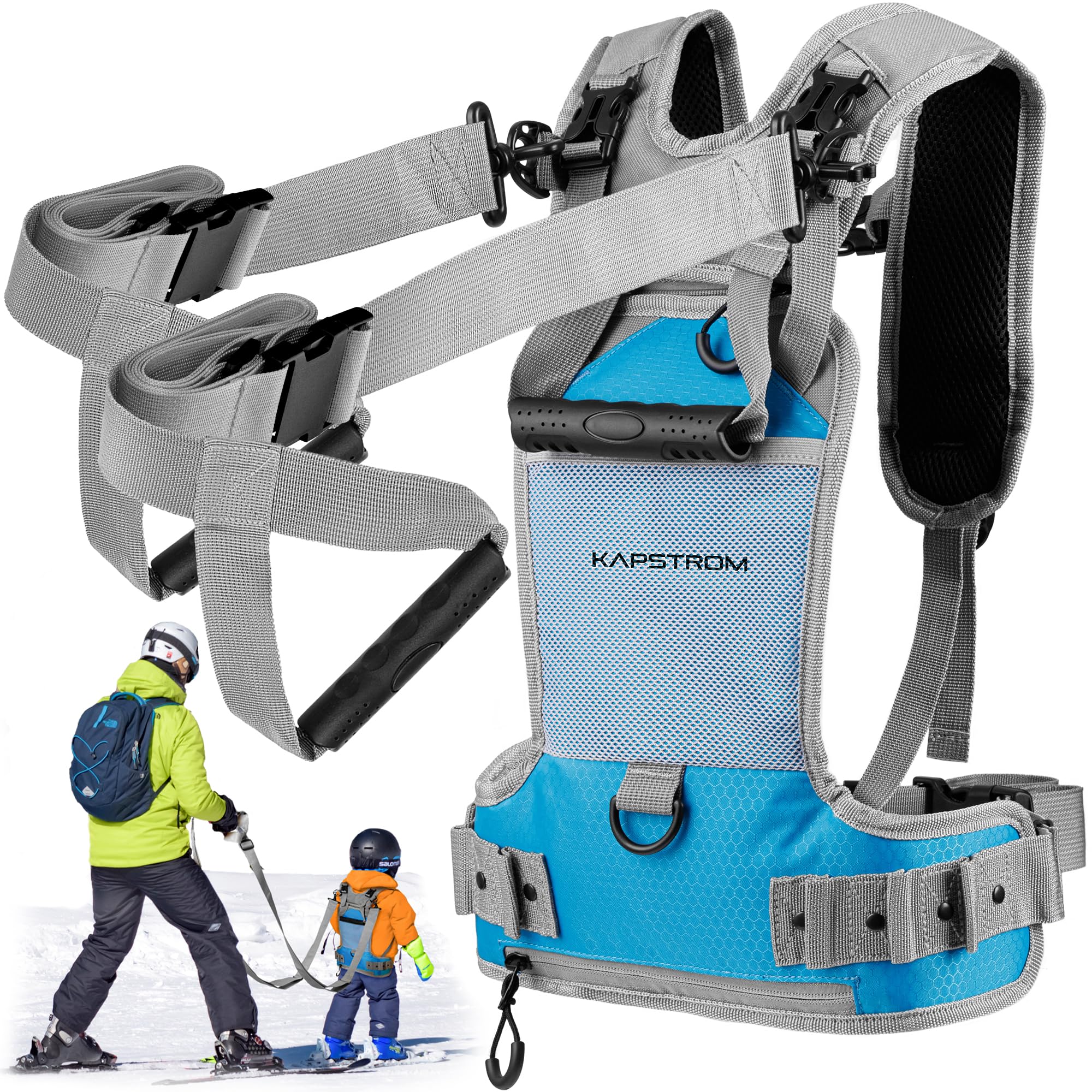 Imbragatura per allenamento sci e snowboard per bambini - 2 cinghie di guida per sterzare e controllare la velocità - Zaino per allenamento sci con spallacci regolabili