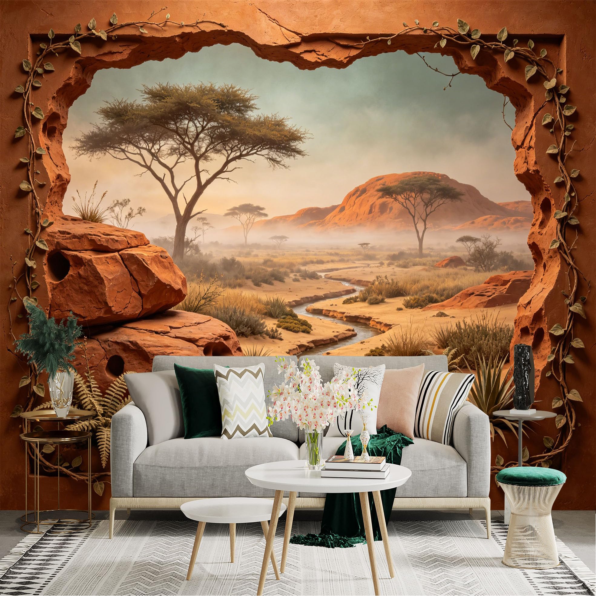 Custom Size Wall Sticker Mural， Desert Landscape with Acacia Trees， Red Rocks and Stream， for wall Decoration， peelandstick wall Decals.