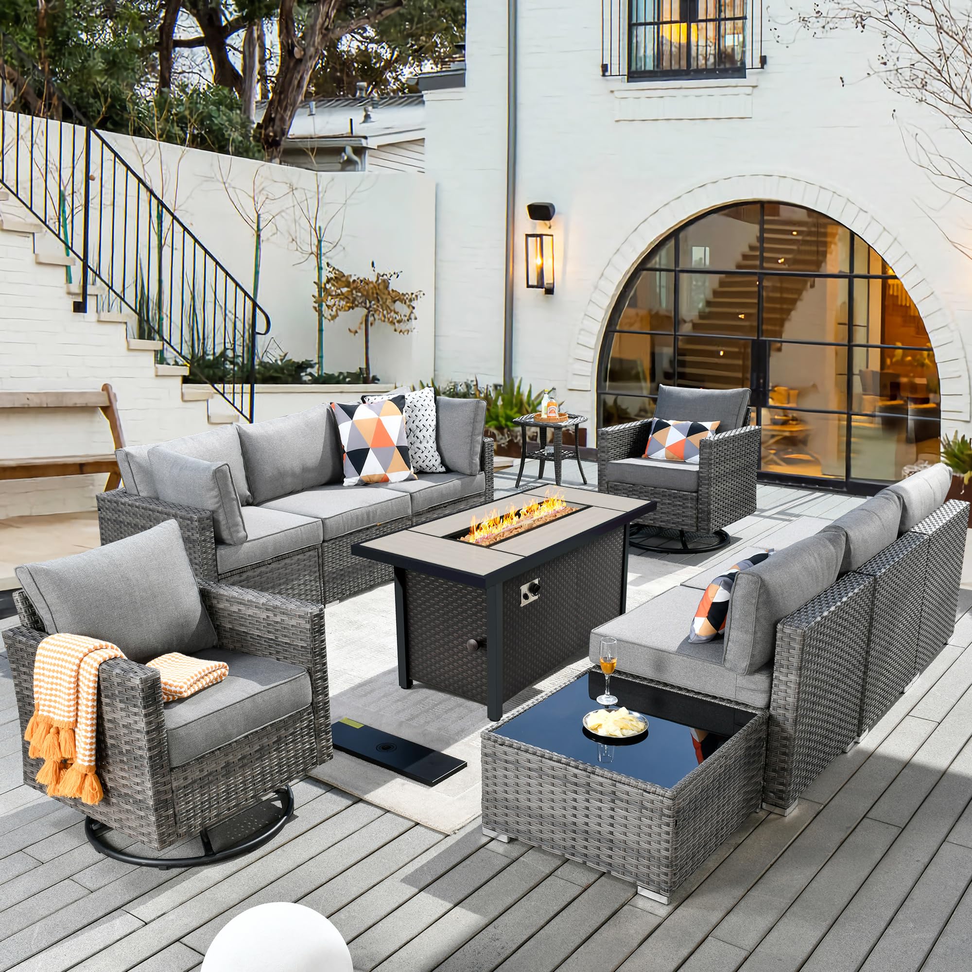 CAODOC 11 Piece Outdoor Patio Furniture Set with 53" Fire Pit Table, Wicker Sectional Conversation Set Whit Swivel Chairs,Modern Outside Sofa for