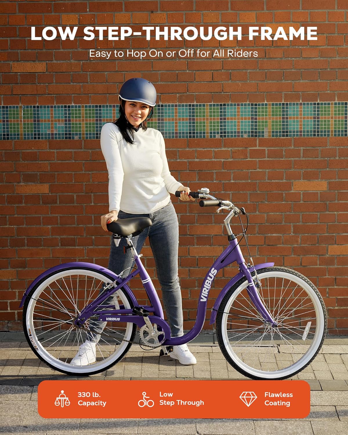 VIRIBUS Beach Cruiser Bike for Women, 26 inch Low Step Through Womens Bike with 1 Speed, Adjustable Saddle, Cruiser Handlebar & V Brakes, City Commute Bicycle for Adult Women Ladies, Purple