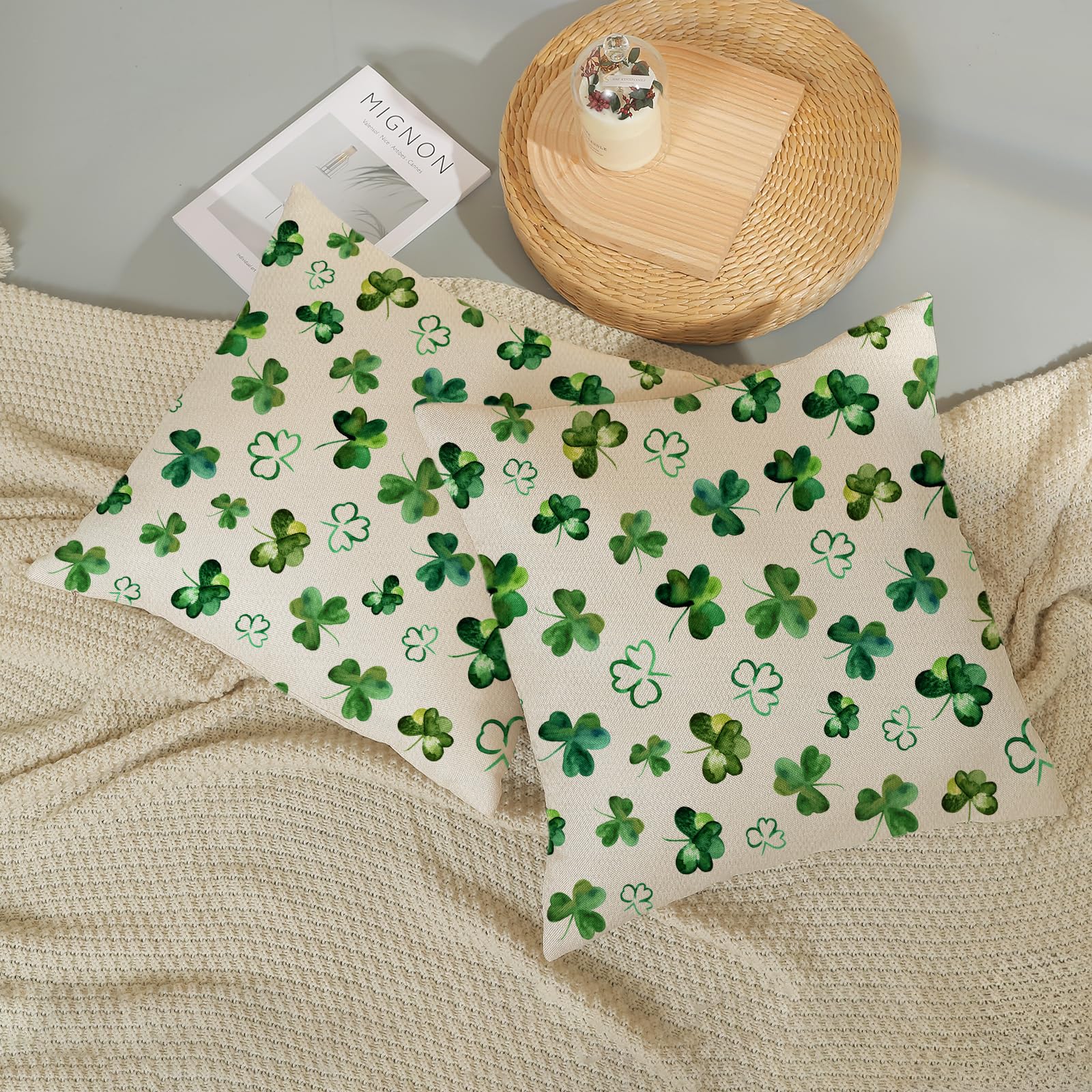 Green Holiday Decorative Pillowcases St Patricks Day Pillow Covers 18x18 Set Of 2 St Patricks Lucky Clover Throw Pillows Spring Green Shamrock Decorative Pillowcase Rustic Cotton Square Cushion Cover For Couch Sofa