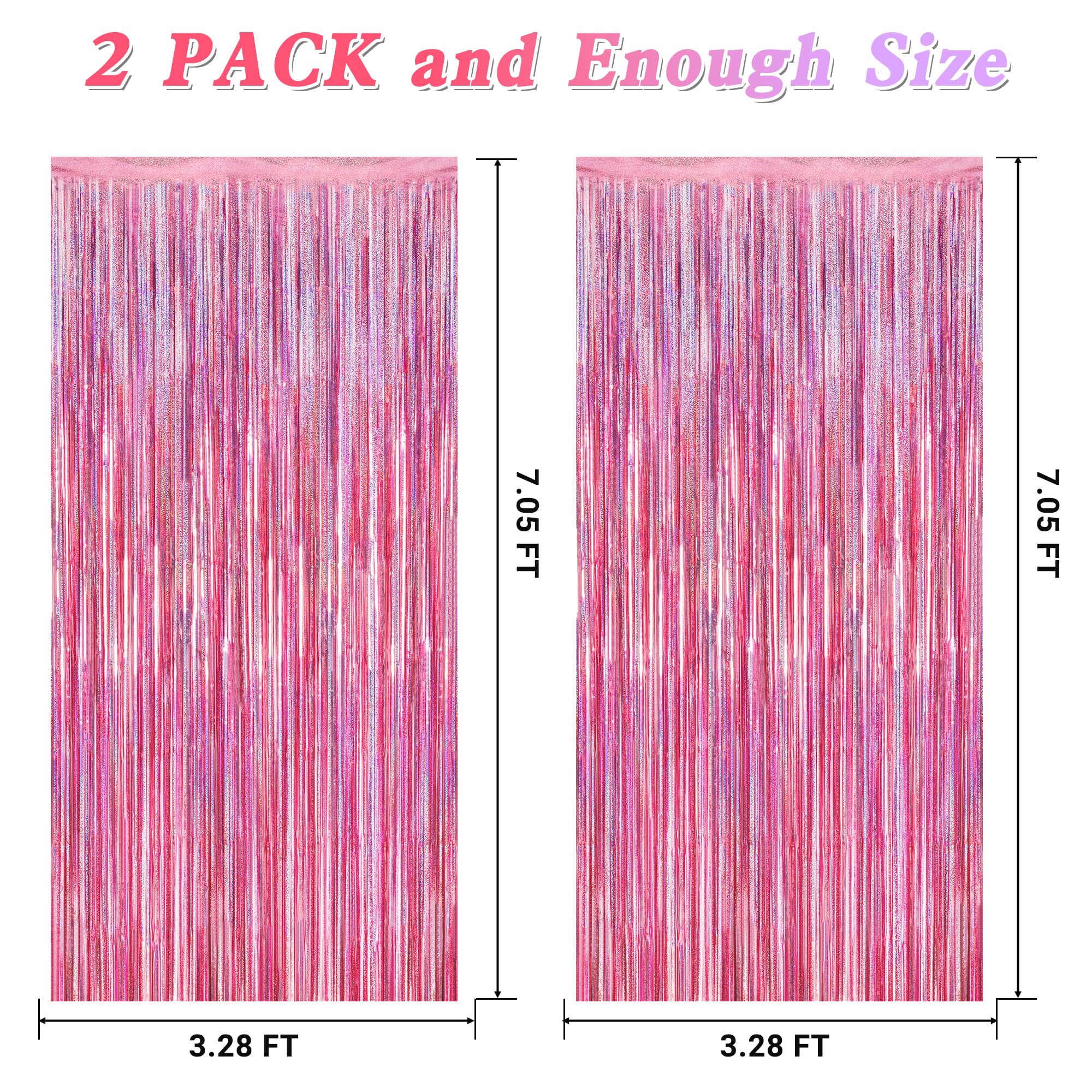 2 Pack Glitter Pink Backdrop, 3.28 FT x 7.05 FT Birthday Party Decorations, Laser Pink Fringe Curtains Foil Streamer Tinsel, Pink Curtains Photo Backdrop Happy Birthday Backdrop