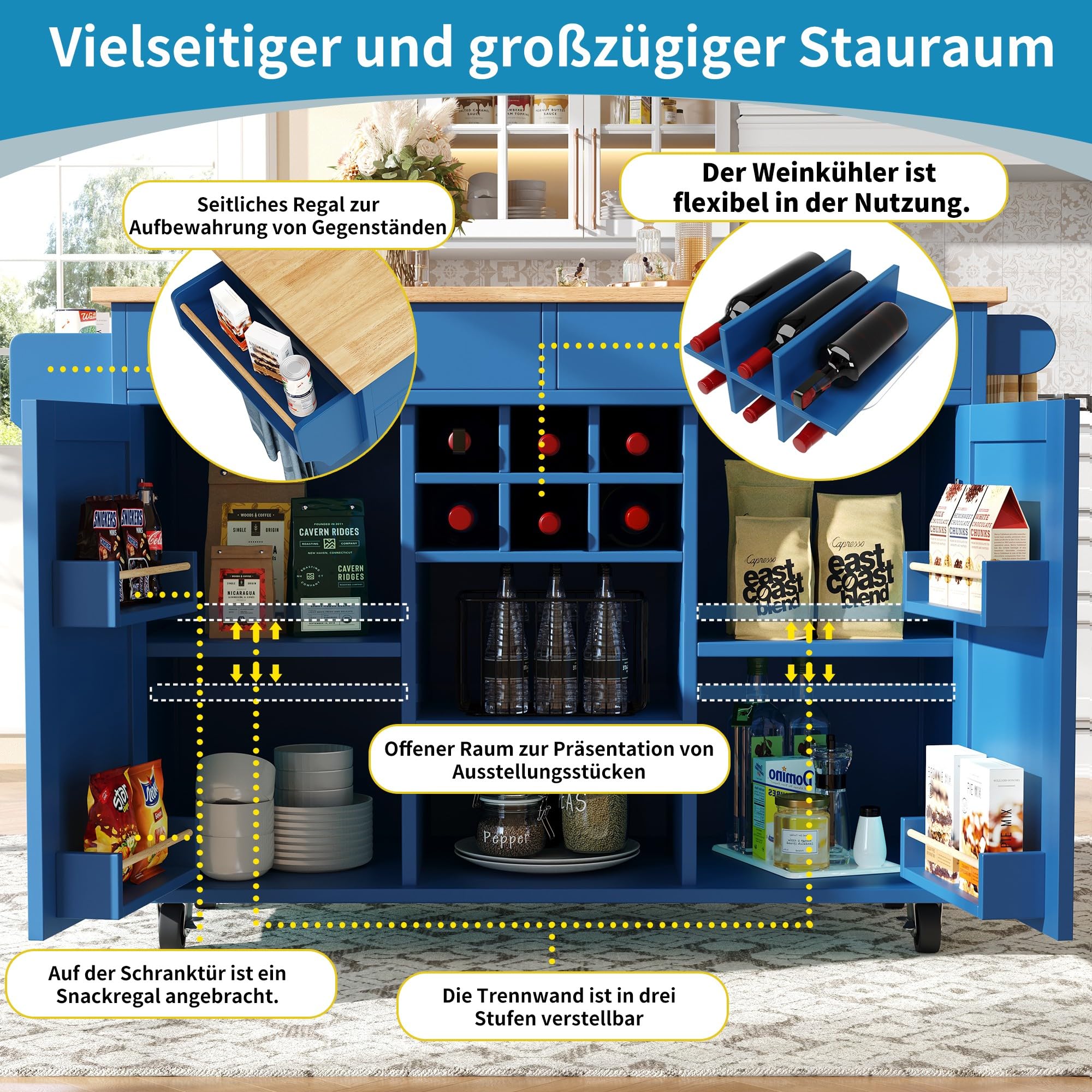 Kücheninsel(102×45×92cm), Küchenschrank, Buffetschrank, Speisewagen mit Holzmaserung, Multifunktionale Esstisch mit Speicherraum, Blau